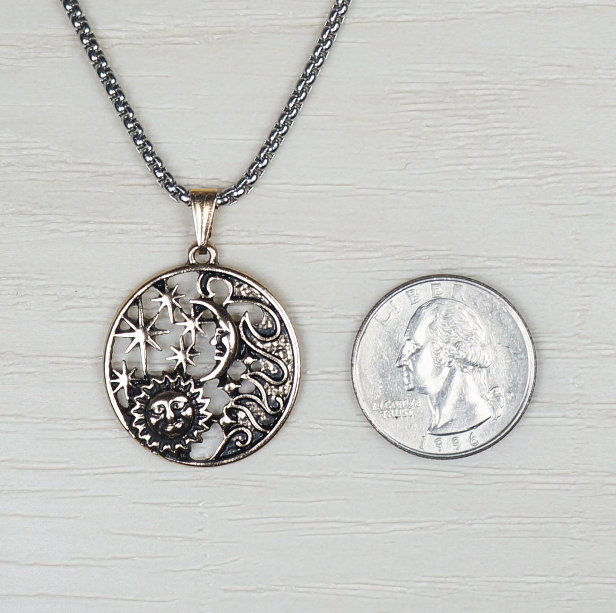 Unisex Sun Moon and Stars Pendant Celestial Antique Gold, Stainless Steel Chain Necklace, Length Choices