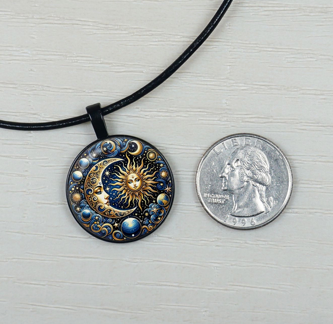 Blue Highly Detailed Sun Goddess & Moon Pendant Leather Cord Statement Necklace, Color and Length Choices
