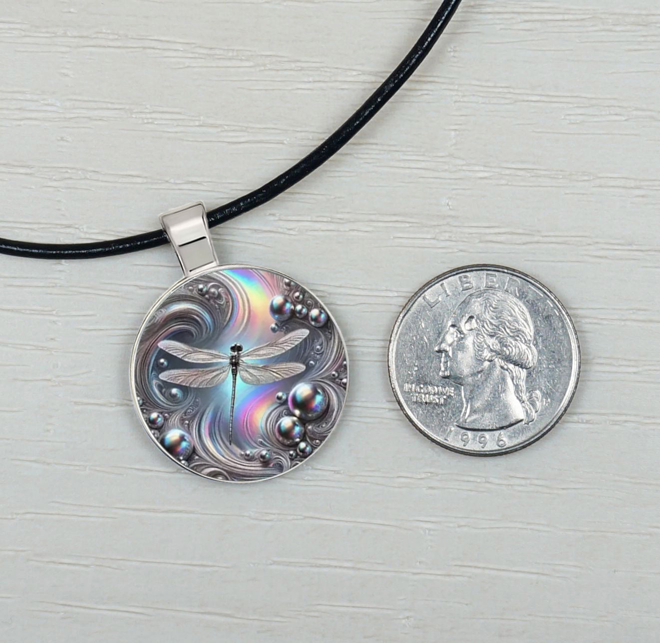 Mystical Rainbow 2-D Dragonfly High Detailed Pendant & Black Leather Cord Necklace, Length Choices, Gift for Her