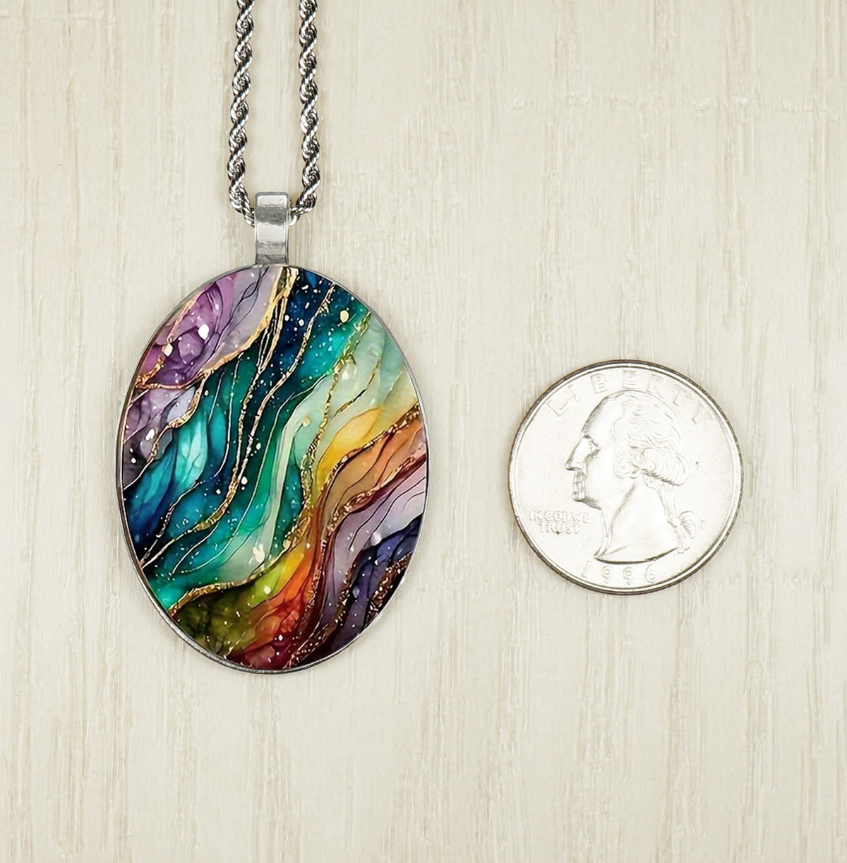 Intricate Highly Detailed Colorful Oval Rainbow Pendant, 20” Stainless Steel Rope Chain Necklace, Gift for Her
