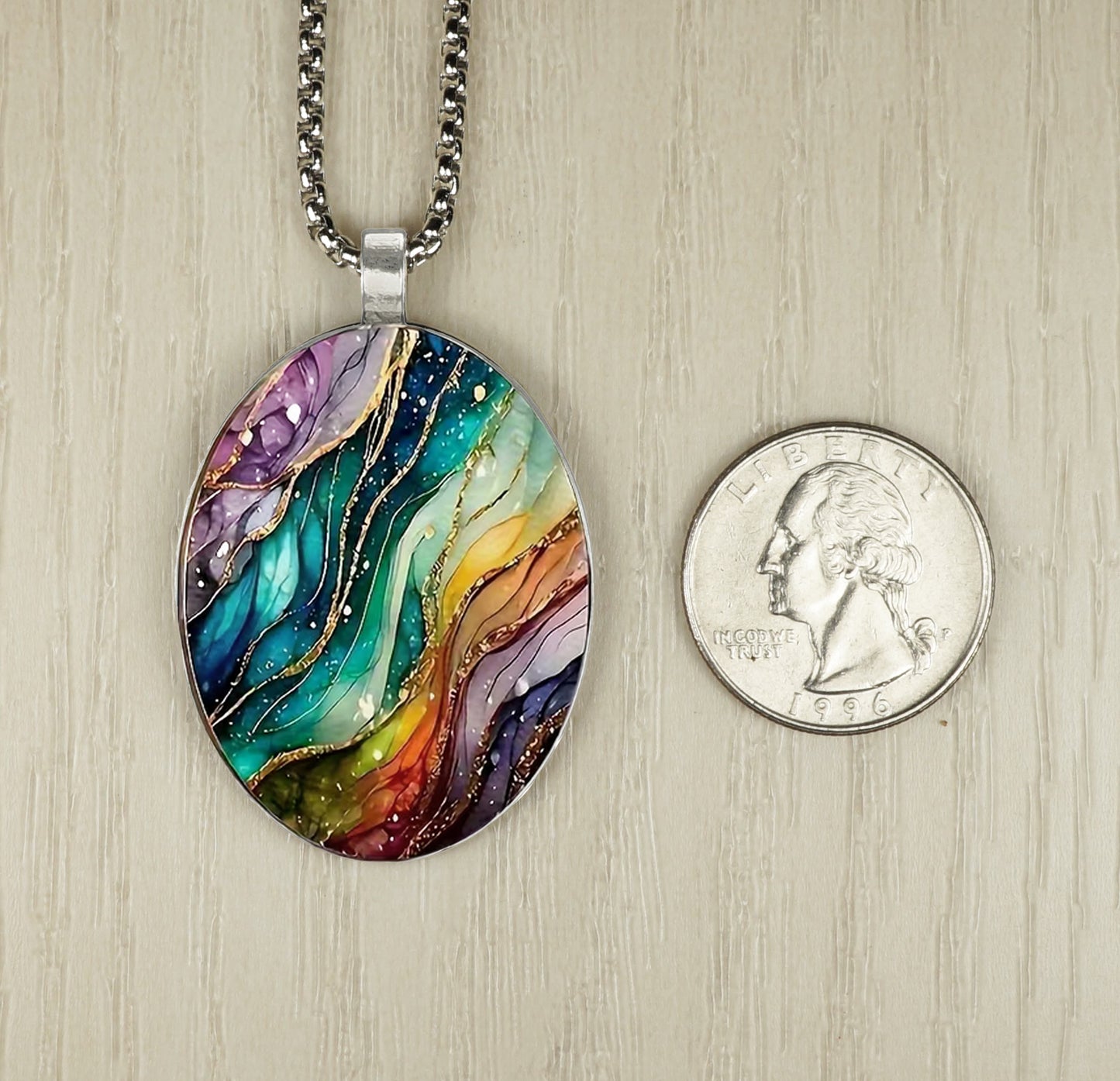 Intricate Highly Detailed Oval Colorful Rainbow Pendant, Stainless Steel Necklace, Length Choices