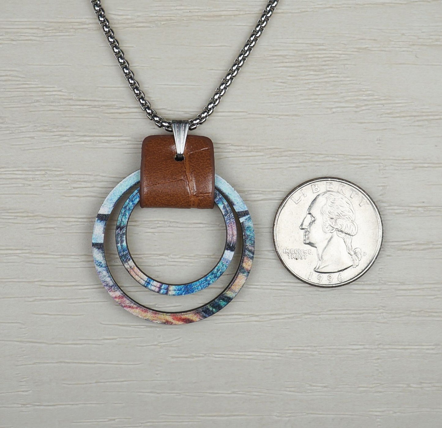 Rustic Blue Wood Hoop & Leather Pendant, Stainless Steel Chain Necklace, Length Choices