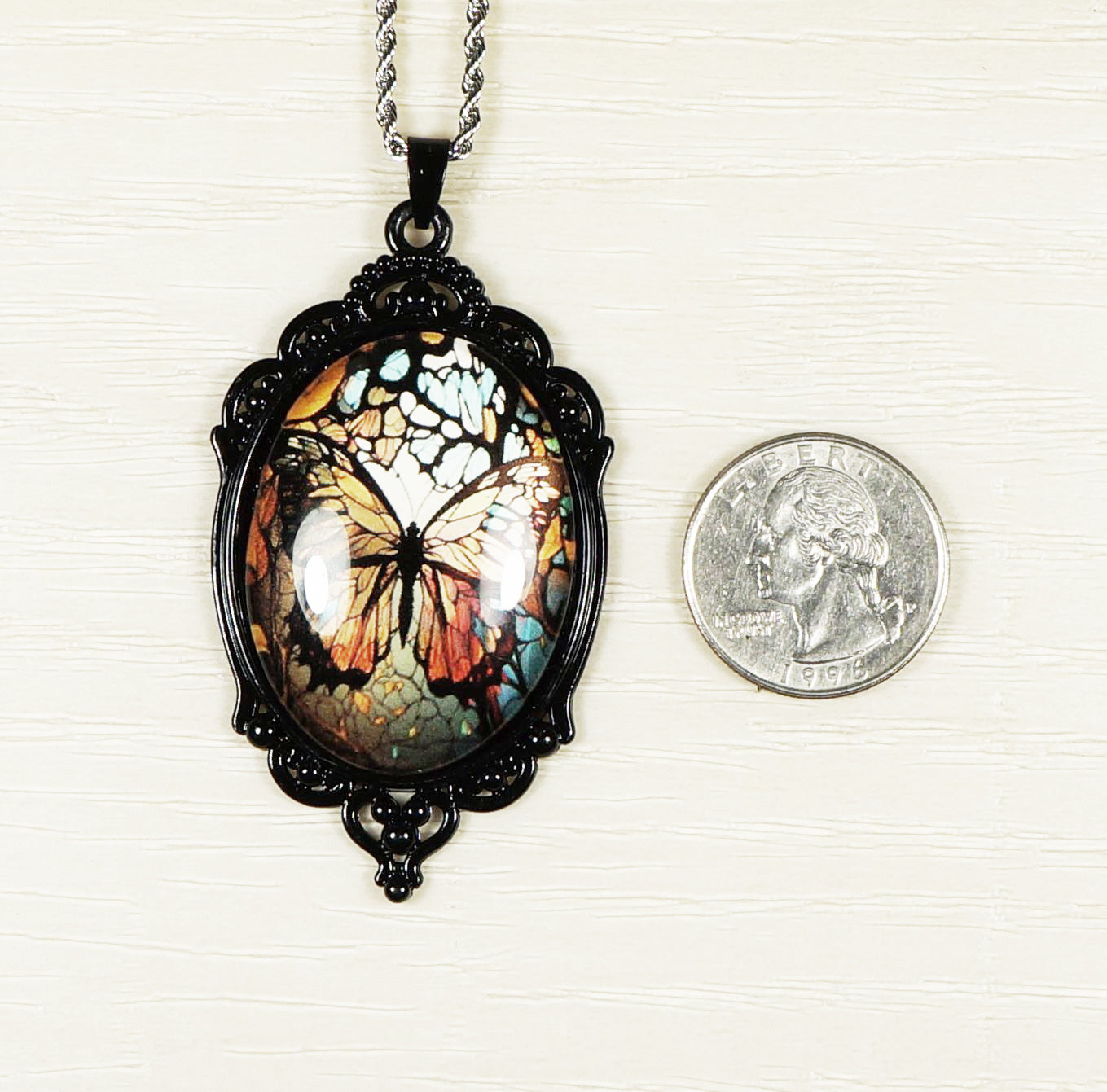 Intricate Highly Detailed Butterfly Vintage Inspired Boho Pendant, Stainless Steel Rope Chain Necklace, 20 Inch, Gift for Her