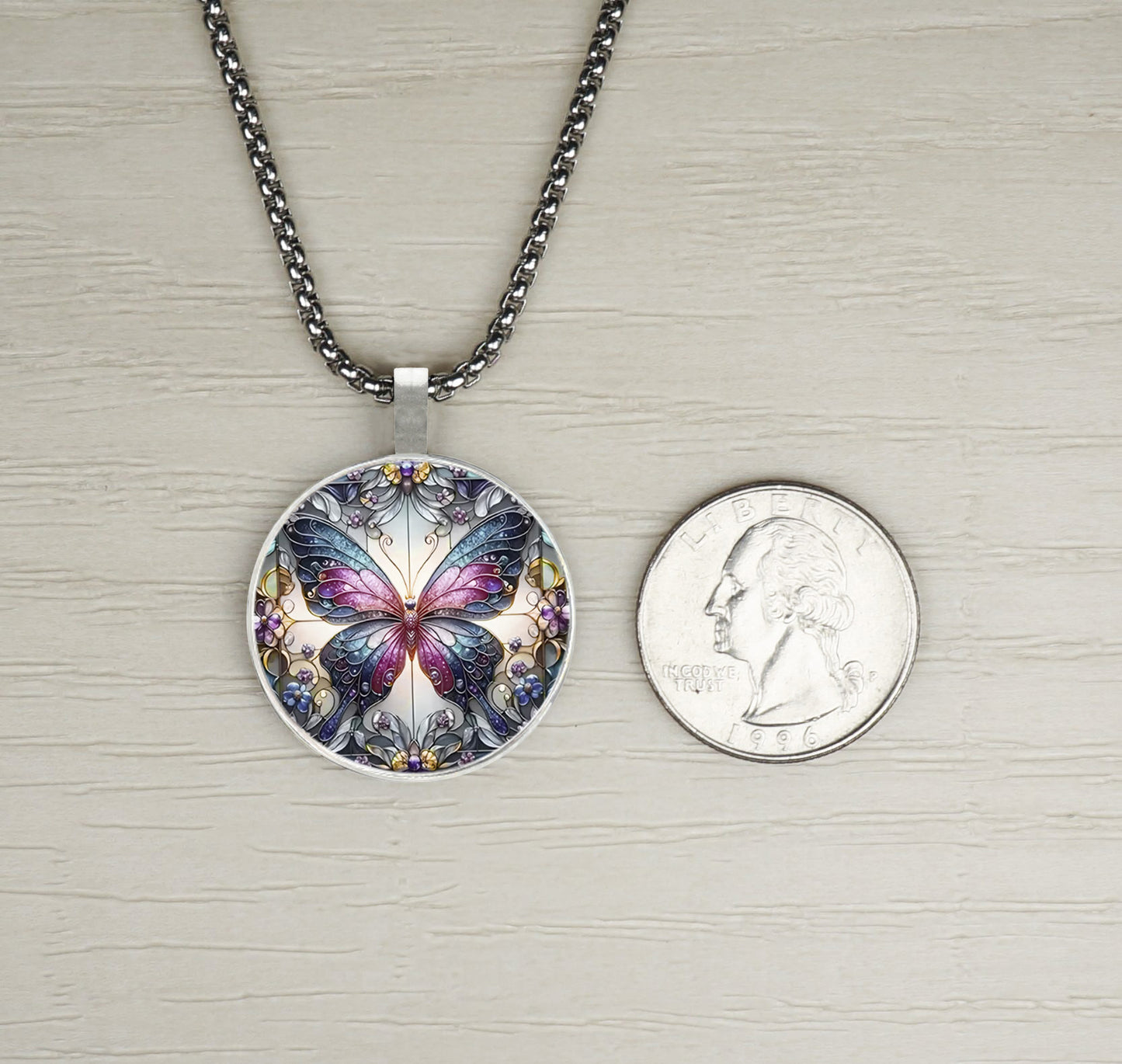 Intricate Highly Detailed Colorful Small Butterfly Printed Pendant, Stainless Steel Necklace, Length Choices, Gift for Her