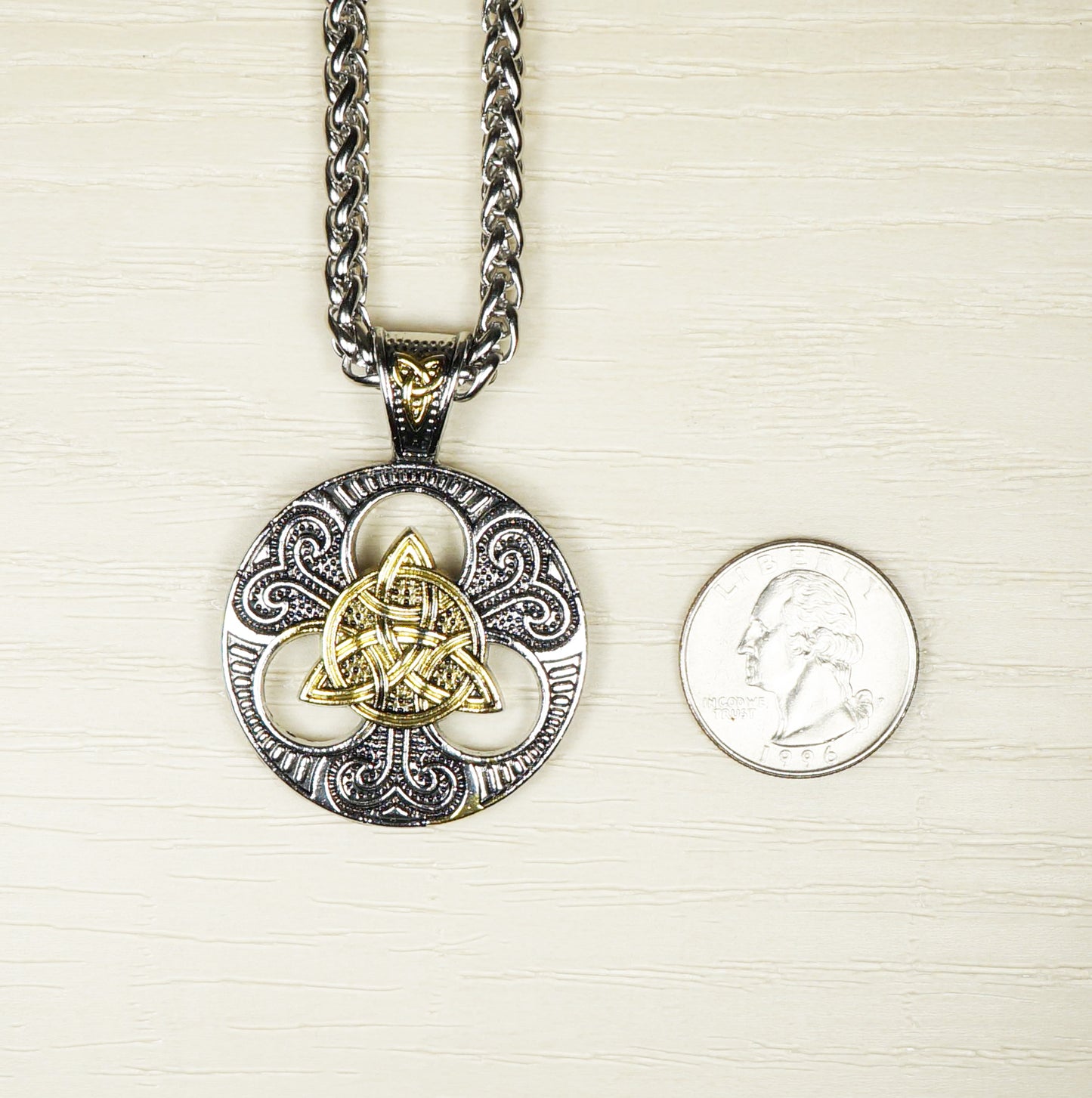 Masculine Gold & Silver Celtic Triquetra Trinity Knot Statement Pendant Necklace, Bold Thick Solid Stainless Steel Wheat Chain, 20 Inch, Gift for Him