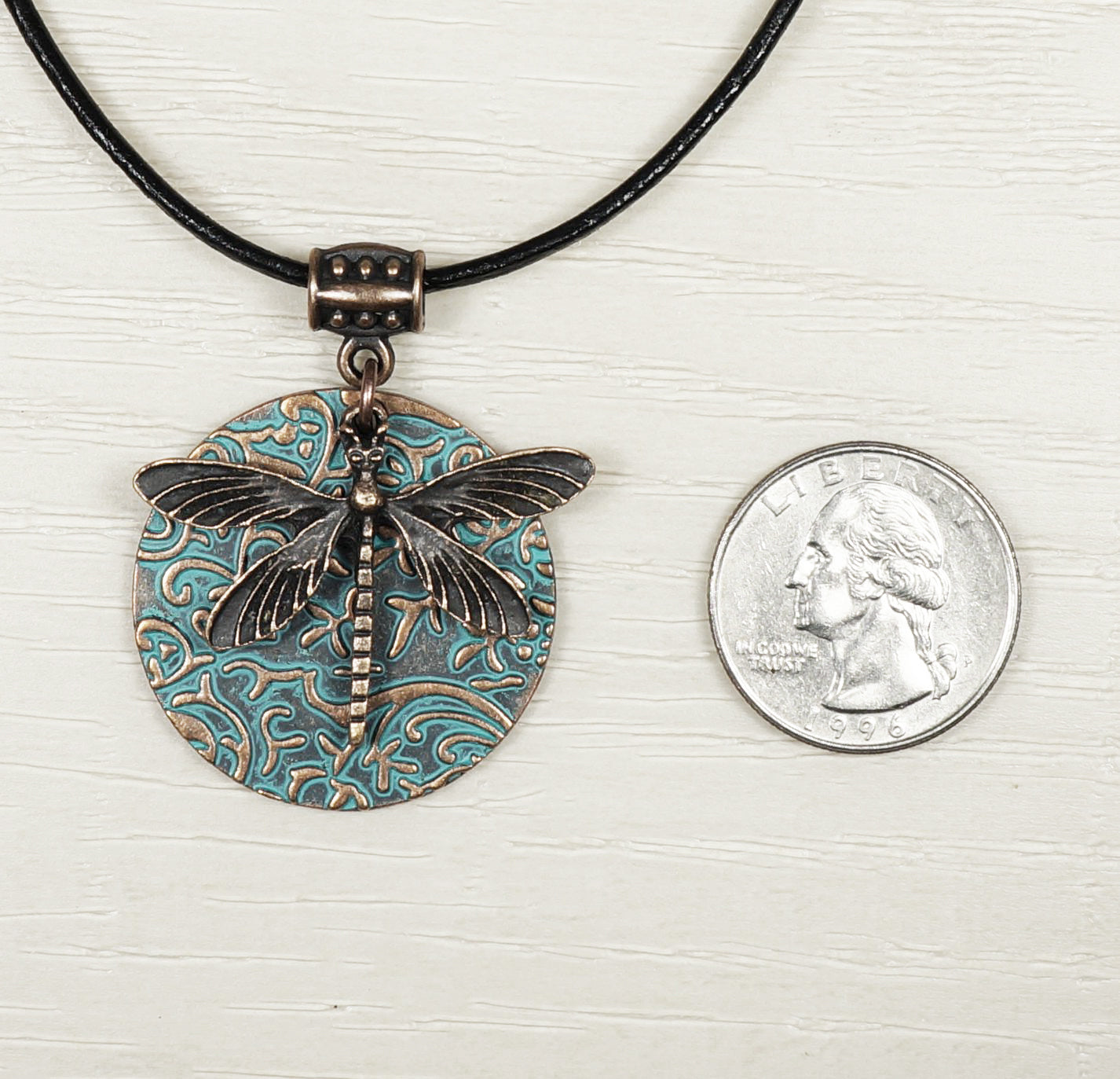 Nature Inspired Copper Patina Dragonfly Statement Pendant Boho Black Leather Cord Necklace, Length Choices, Gift for Her