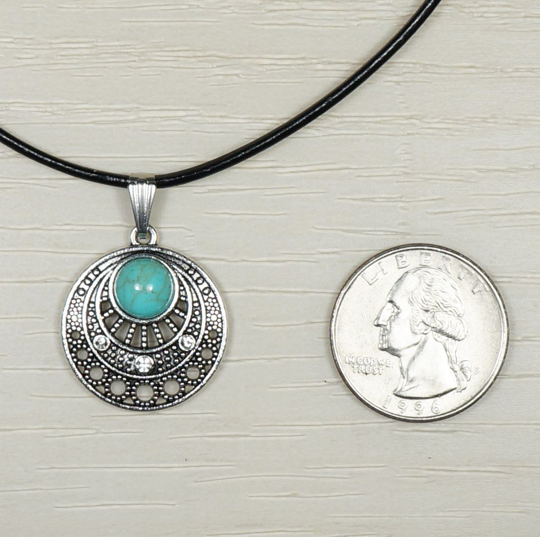 Boho Silver & Turquoise Pendant on Black Leather Cord, Length Choices