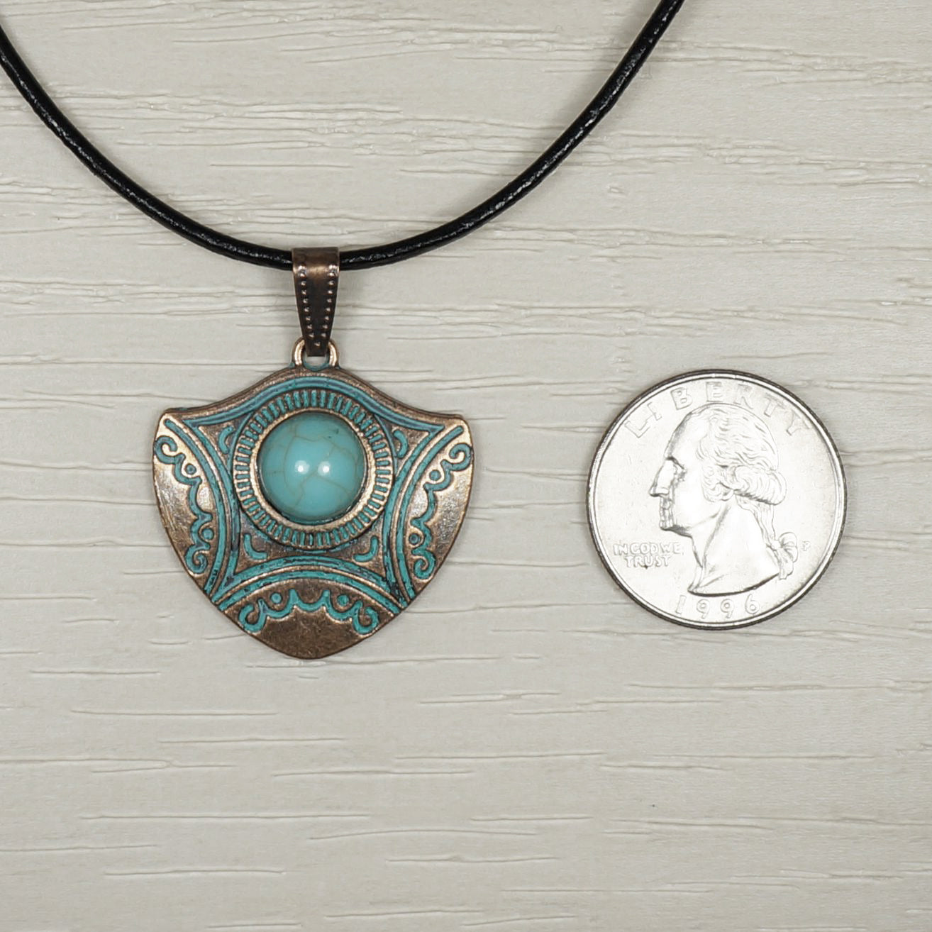 Turquoise & Copper Patina Boho Shield Pendant, Black Leather Cord Necklace, Length Choices, Unisex Gift for Him or Her