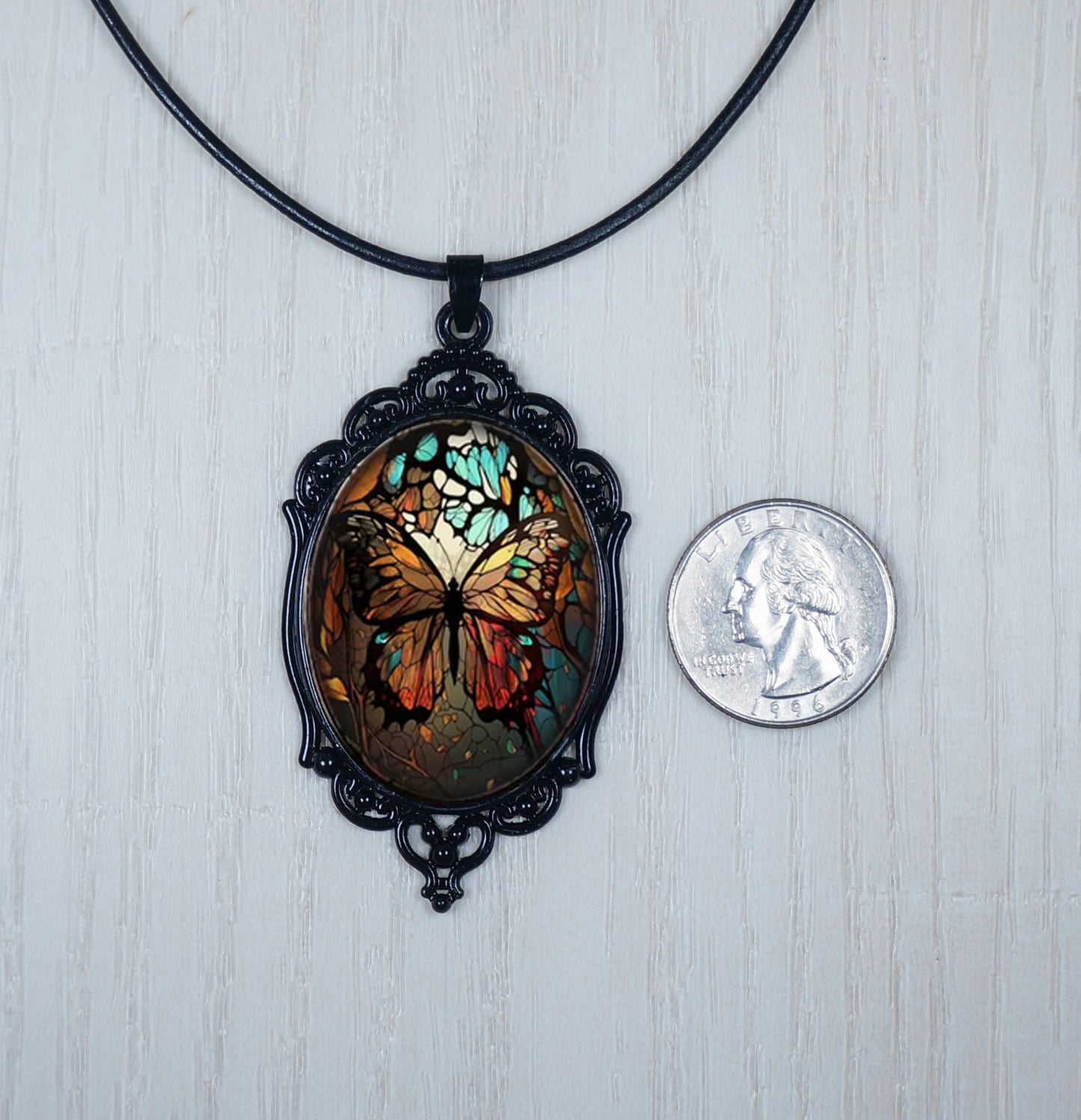 Intricate Highly Detailed Oval 2-D Butterfly Pendant Leather Cord Boho Necklace, Black or Tan Leather, Length Choicesngth Choices, Gift for Her (Copy)