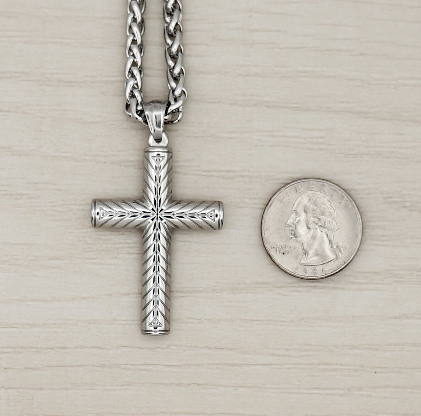 Masculine Silver Cross Statement Pendant Necklace, Bold Thick Solid Stainless Steel Wheat Chain, 20 Inch, Gift for Him
