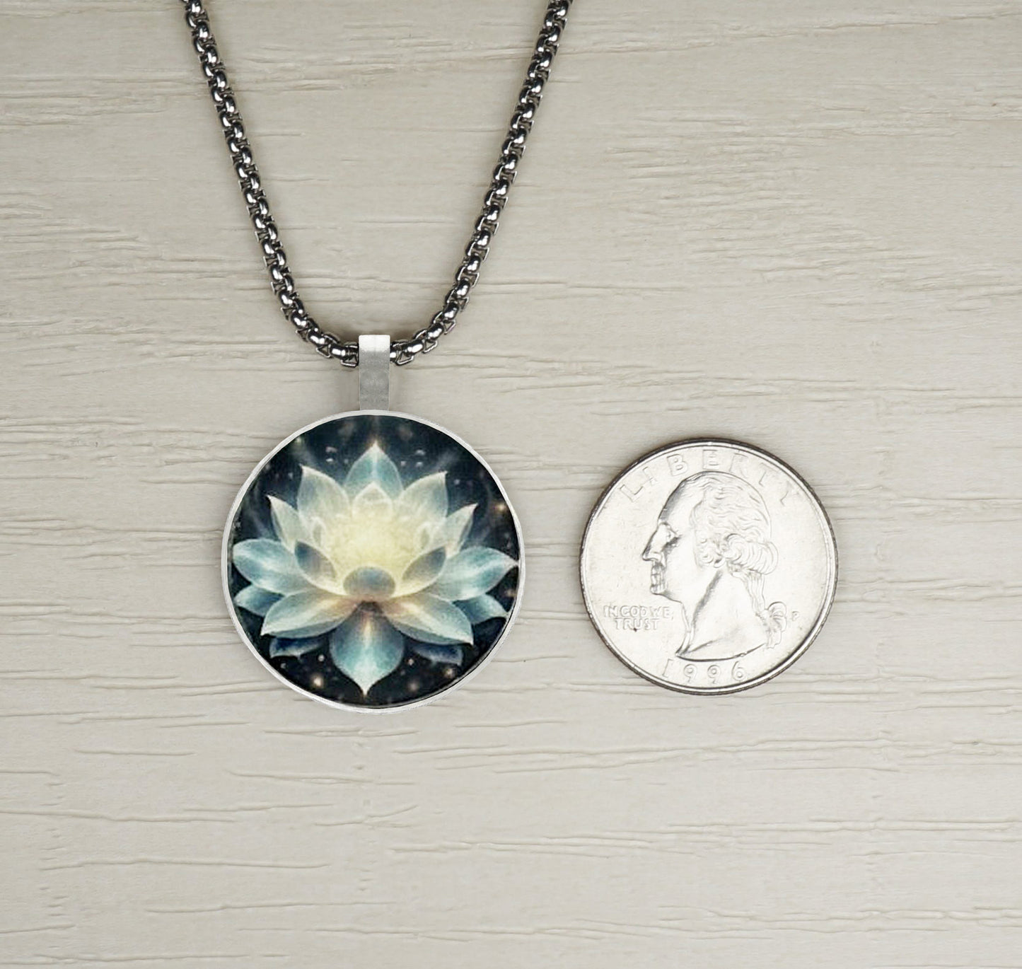 Small Lotus Flower Printed Pendant, Stainless Steel Chain Necklace, Length Choices, Feminine Gift for Her