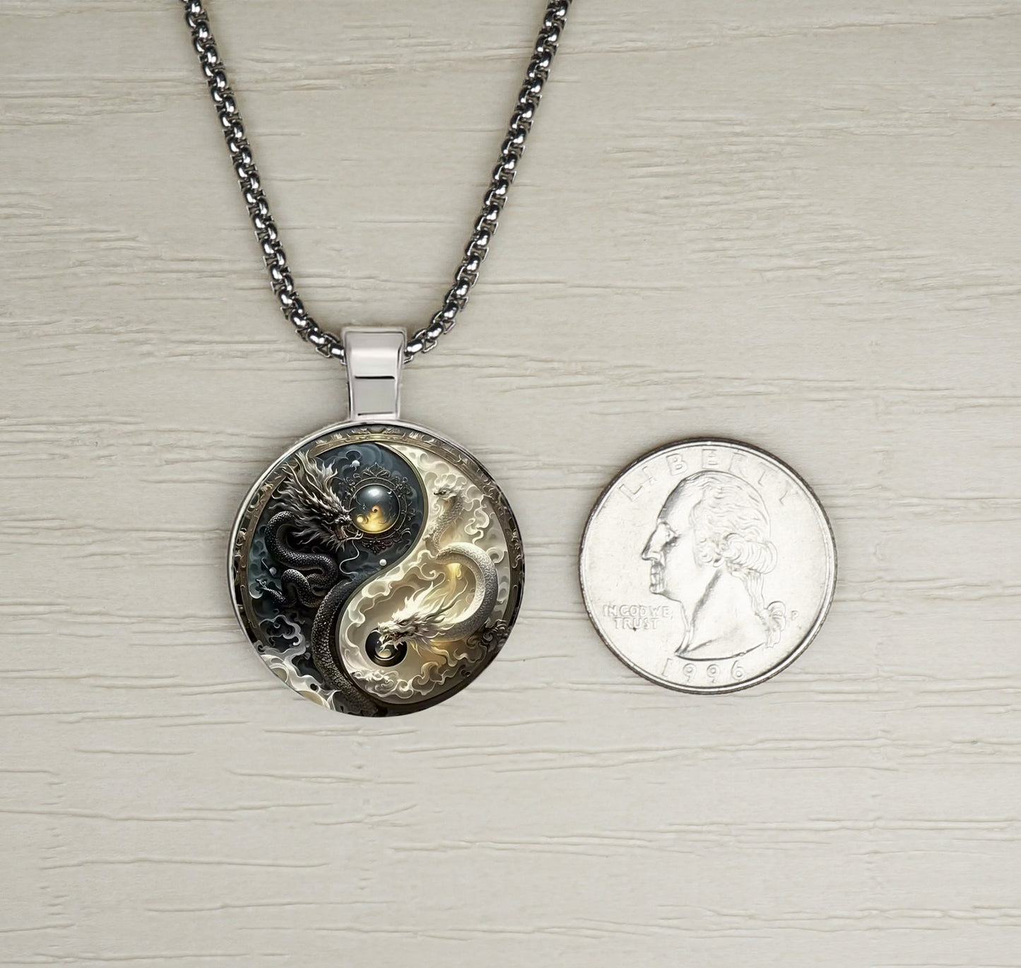 Intricate Highly Detailed 2-D Yin Yang Dragon Pendant, Stainless Steel Necklace, Length Choices