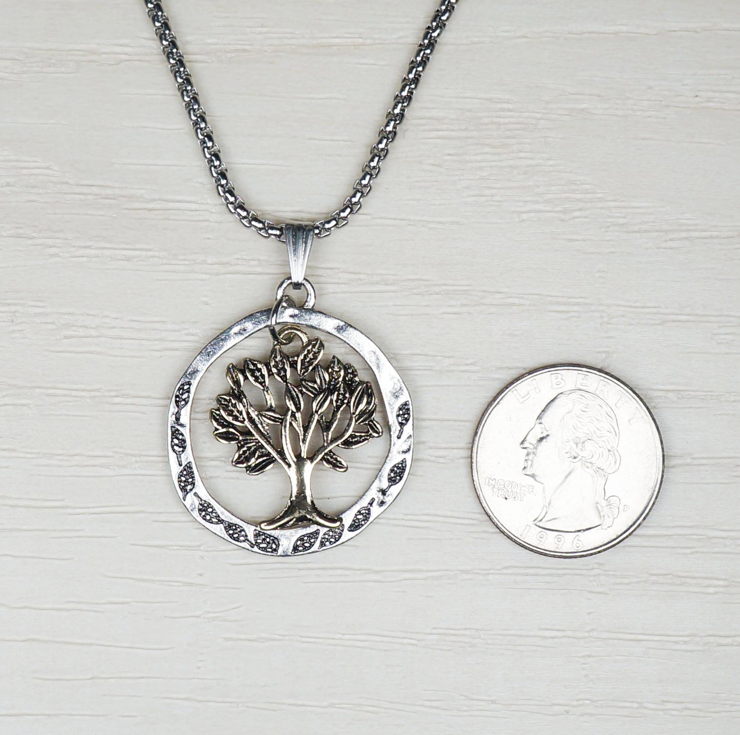 Tree of Life Gold & Silver Circle Pendant, Stainless Steel Chain Necklace, Length Choices