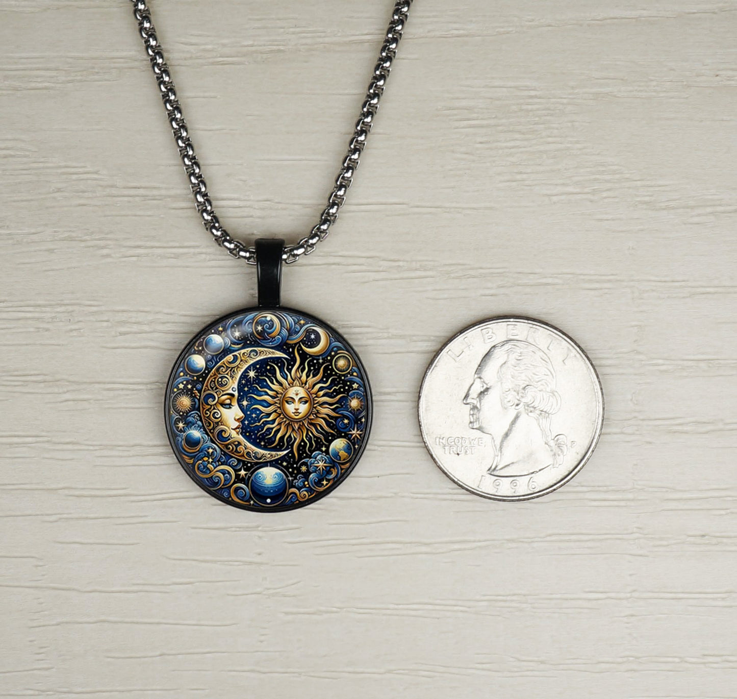 Celestial Blue Highly Detailed Sun Moon Boho Pendant, Stainless Steel Chain Necklace, Length Choices