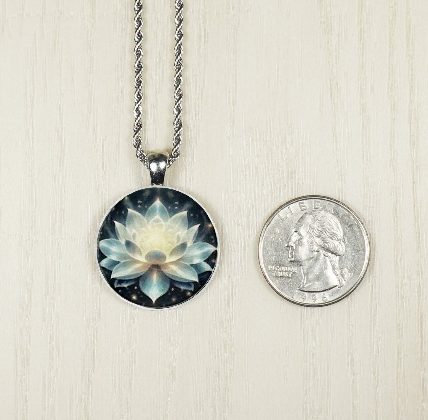 Small Lotus Flower Printed Pendant, Stainless Steel Rope Chain Necklace, Feminine Gift for Her