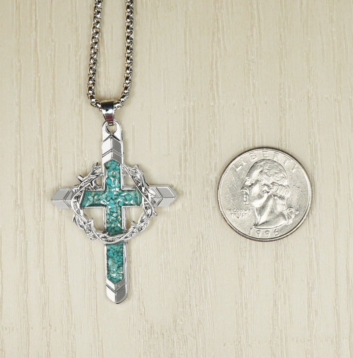 Silver Cross Pendant with Turquoise Inlay & Crown of Thorns, Stainless Steel Chain Necklace, Length Choices, Christian Faith Gift for Him or Her