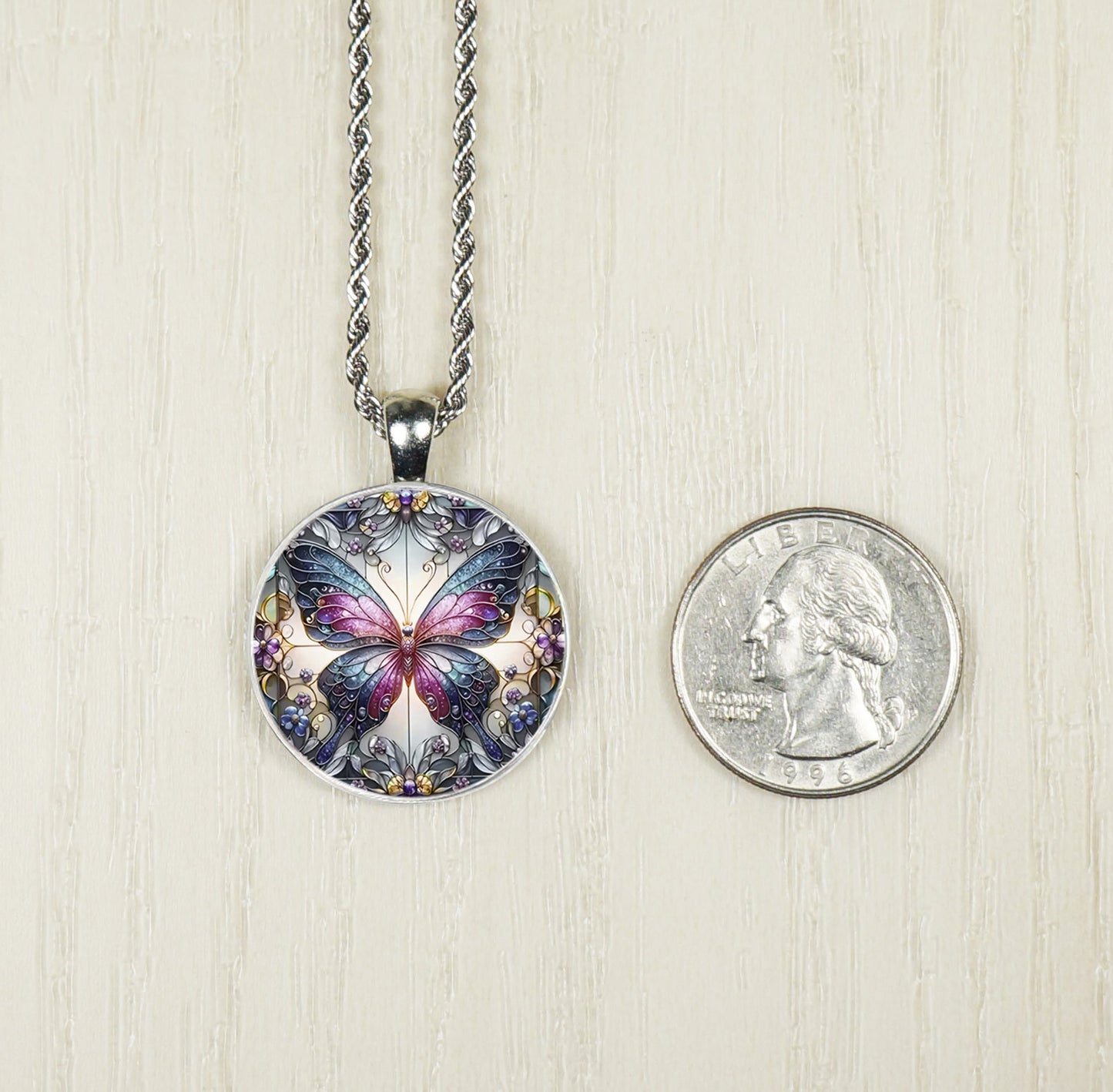 Intricate Highly Detailed Colorful Small Butterfly Printed Pendant, Stainless Steel Rope Necklace, Gift for Her