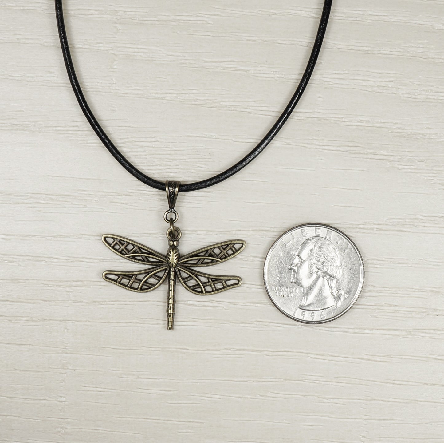 Cute Bronze Dragonfly Pendant, Black Leather Cord Boho Necklace, 16, 18 or 20 Inch.  Gift for Her