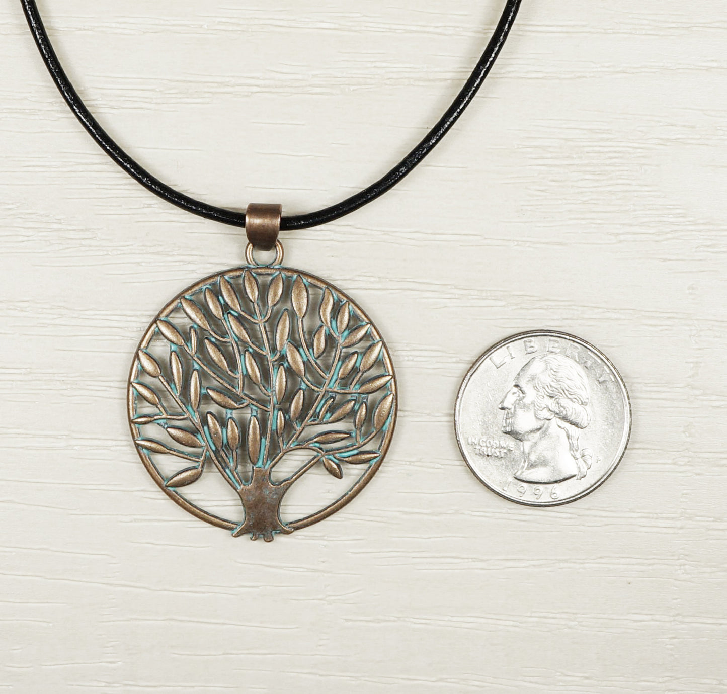 Unisex Copper Patina Tree Pendant Black Leather Cord Boho Statement Necklace, Length Choices