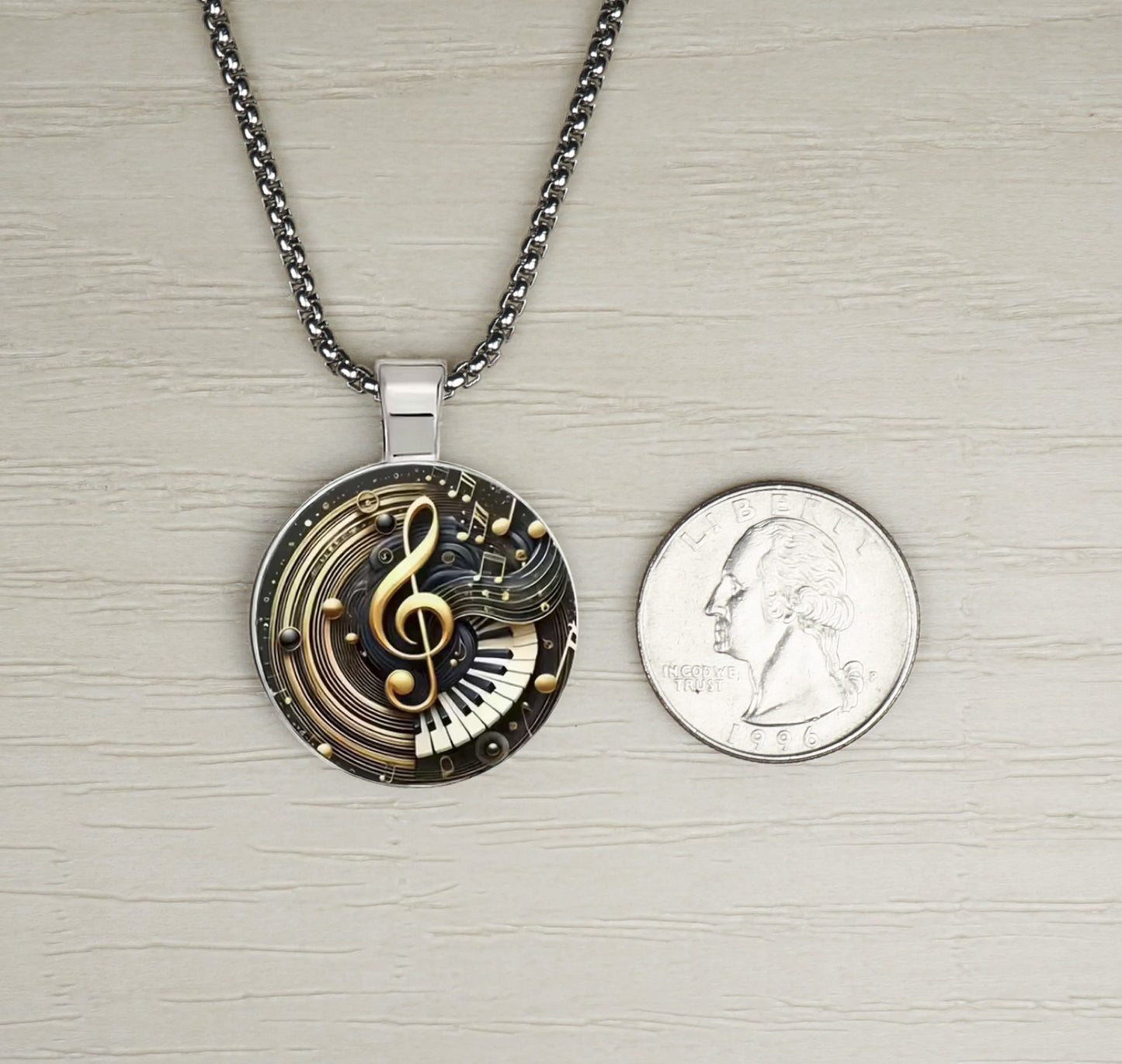Intricate Highly Detailed 2-D Treble Clef Music Pendant, Stainless Steel Necklace, Length Choices