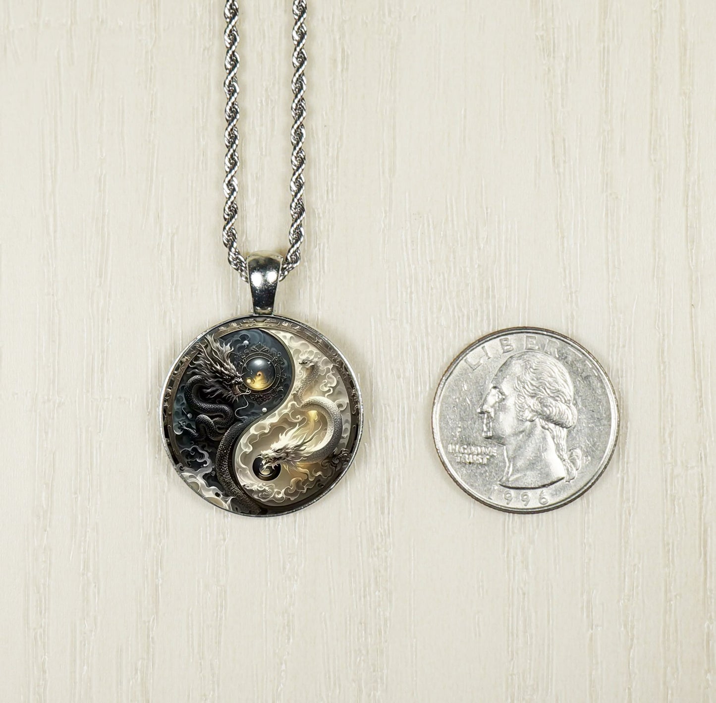 Intricate Highly Detailed Yin Yang Dragon Pendant, Stainless Steel Rope Chain, 20 Inch, Gift for Him or Her