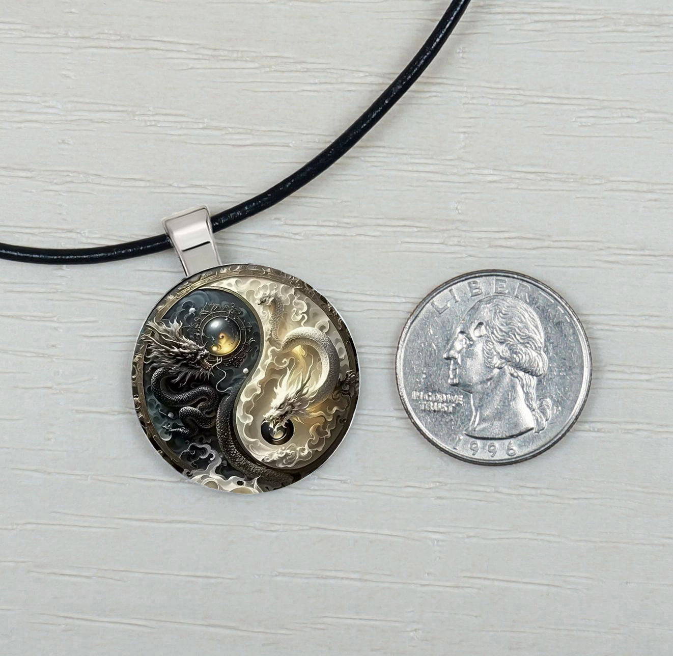 Intricate Yin Yang Highly Detailed 2-D Dragon Pendant Black Leather Cord Necklace, Length Choices, Gift for Her or Gift for Him