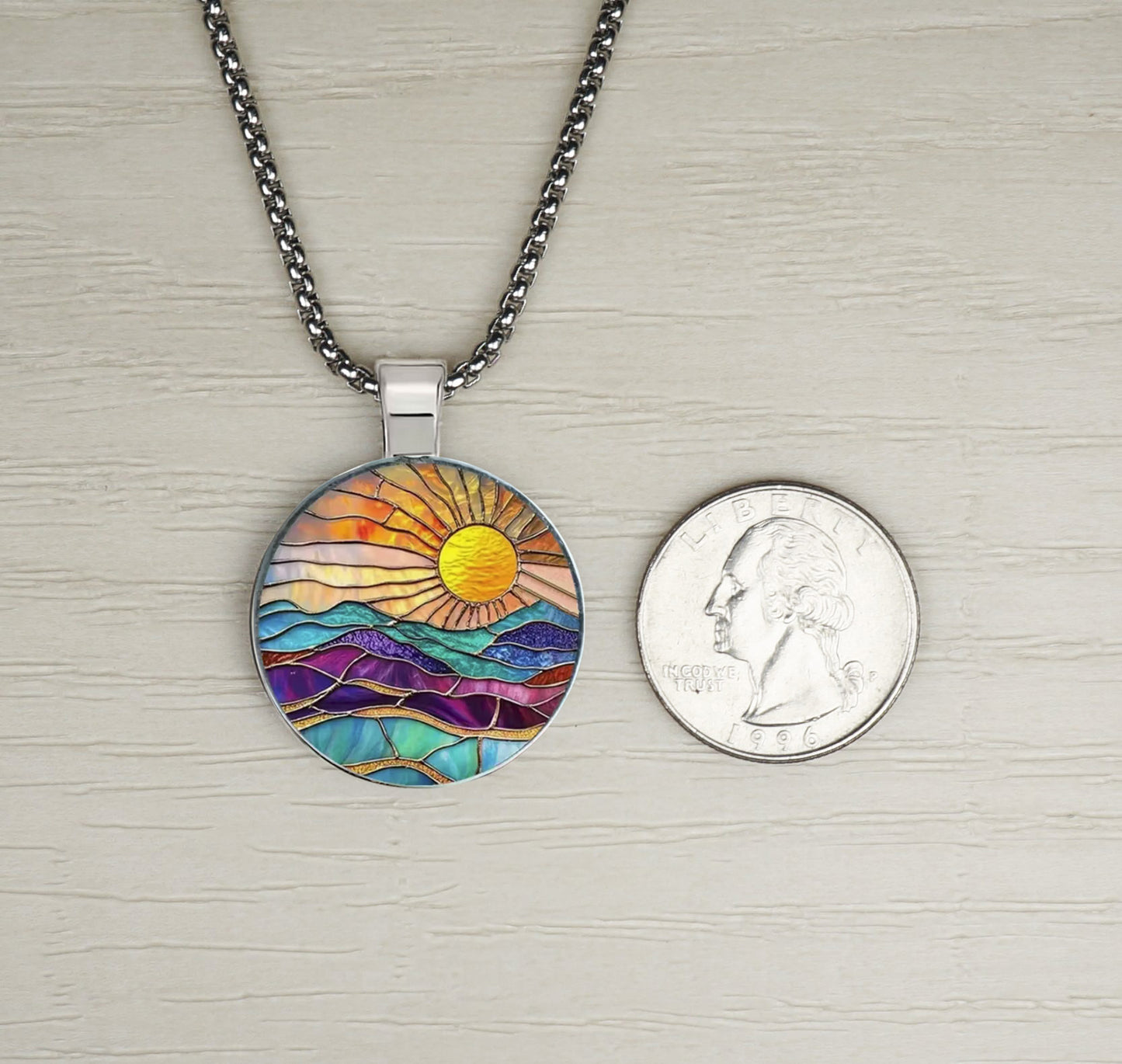 Intricate Highly Detailed Rainbow 2-D Stained Glass Look Sun Pendant, Stainless Steel Necklace, Length Choices