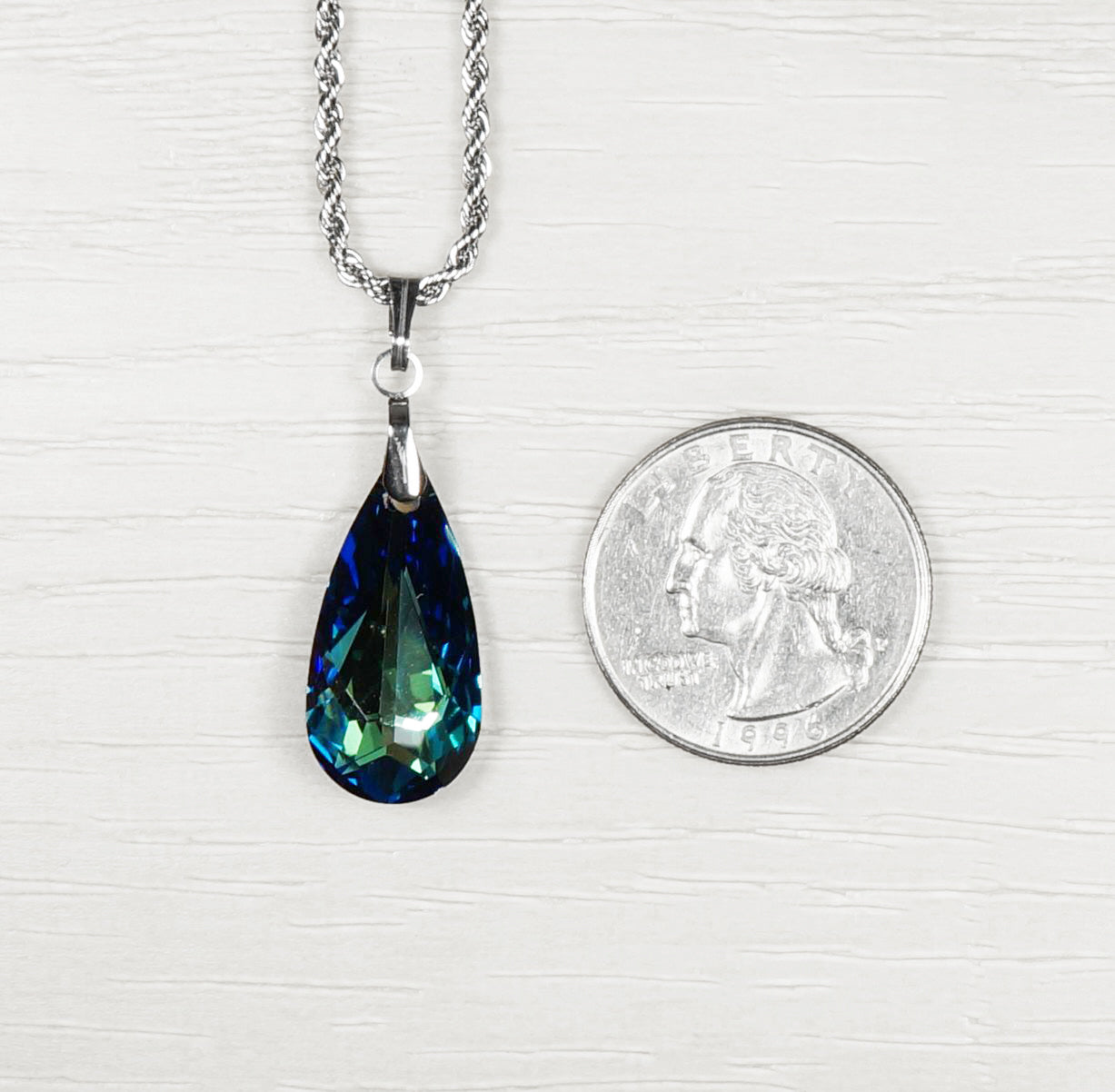 Swarovski Crystal Teardrop Necklace, 20 inch Stainless Steel Rope Chain Crystal Color Choices, Gift for Her