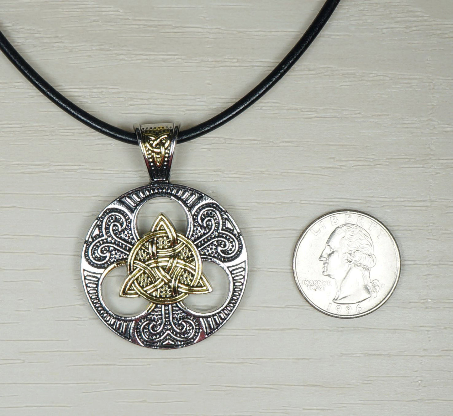 Gold & Silver Celtic Trinity Knot Statement Pendant Leather Cord Necklace on Black Greek Leather, Unisex Jewelry, Length Choices