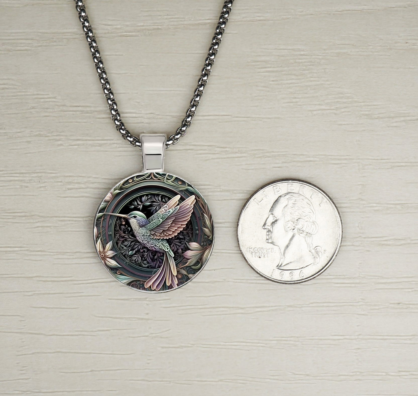 Intricate Highly Detailed Rainbow 2-D Hummingbird Boho Pendant, Stainless Steel Necklace, Length Choices