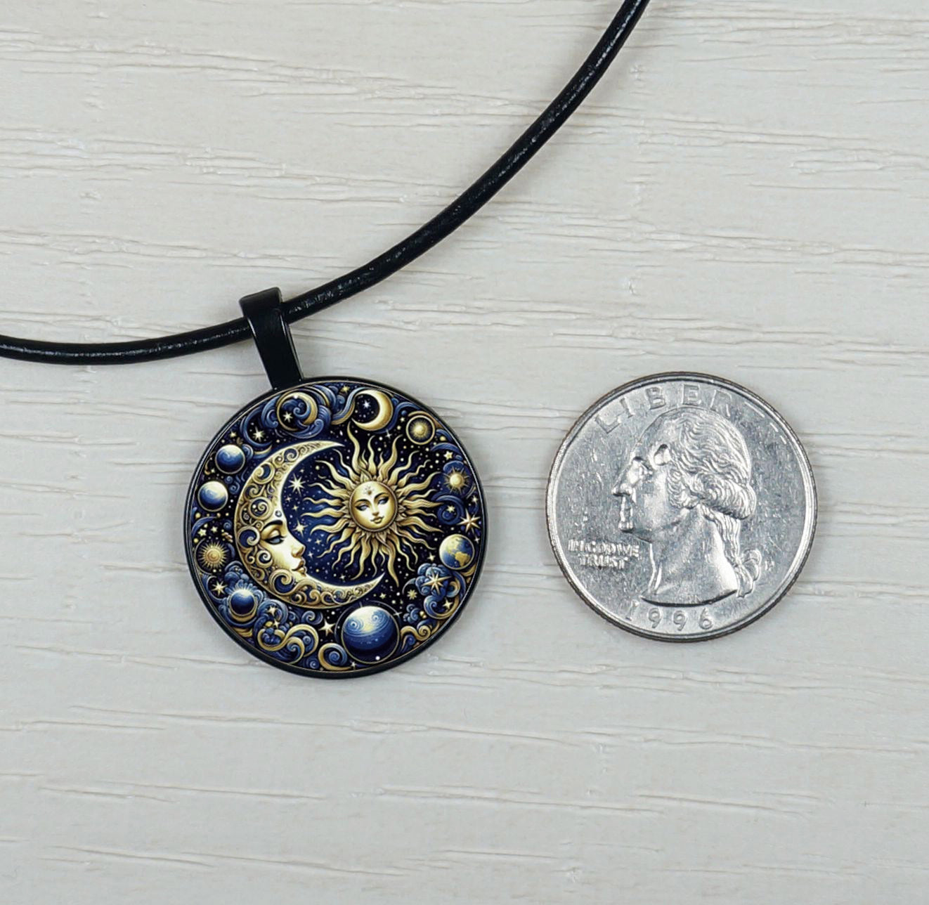 Blue Highly Detailed Sun Goddess & Moon Pendant Leather Cord Statement Necklace, Color and Length Choices