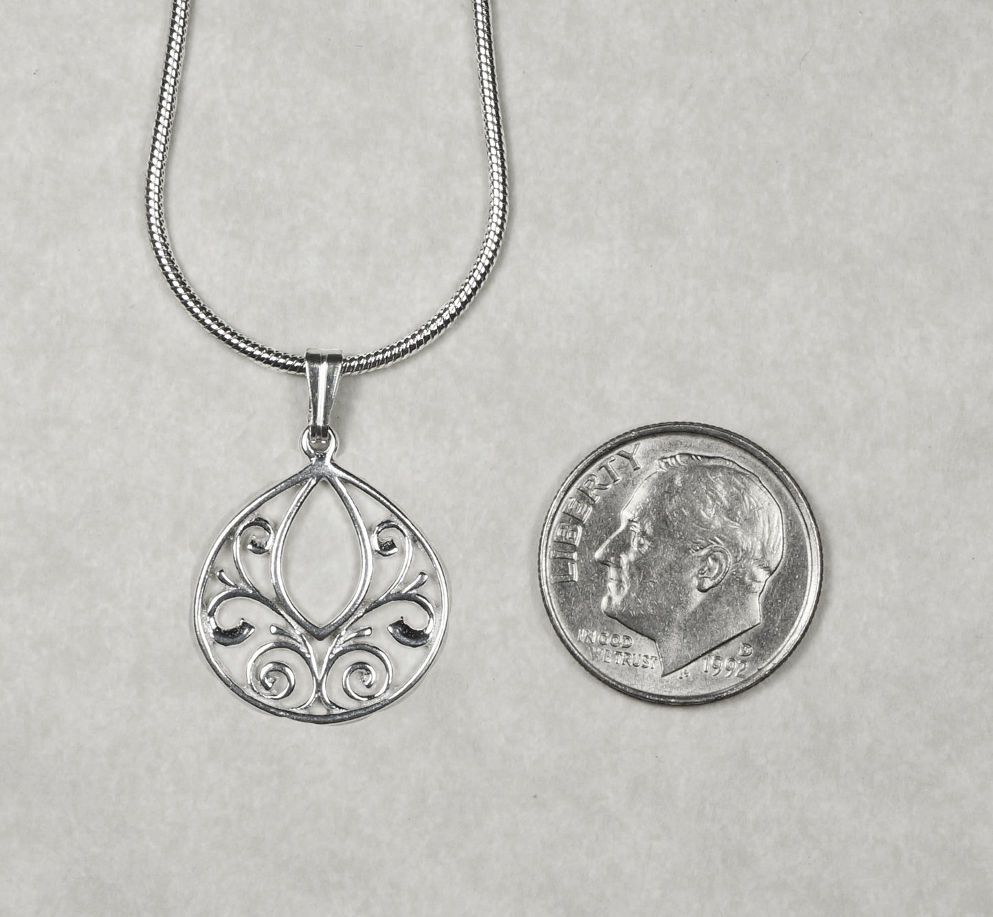 Small and Dainty Minimalist Sterling Filigree Teardrop Swirl Charm, Stainless Steel Snake Chain, Length Choices