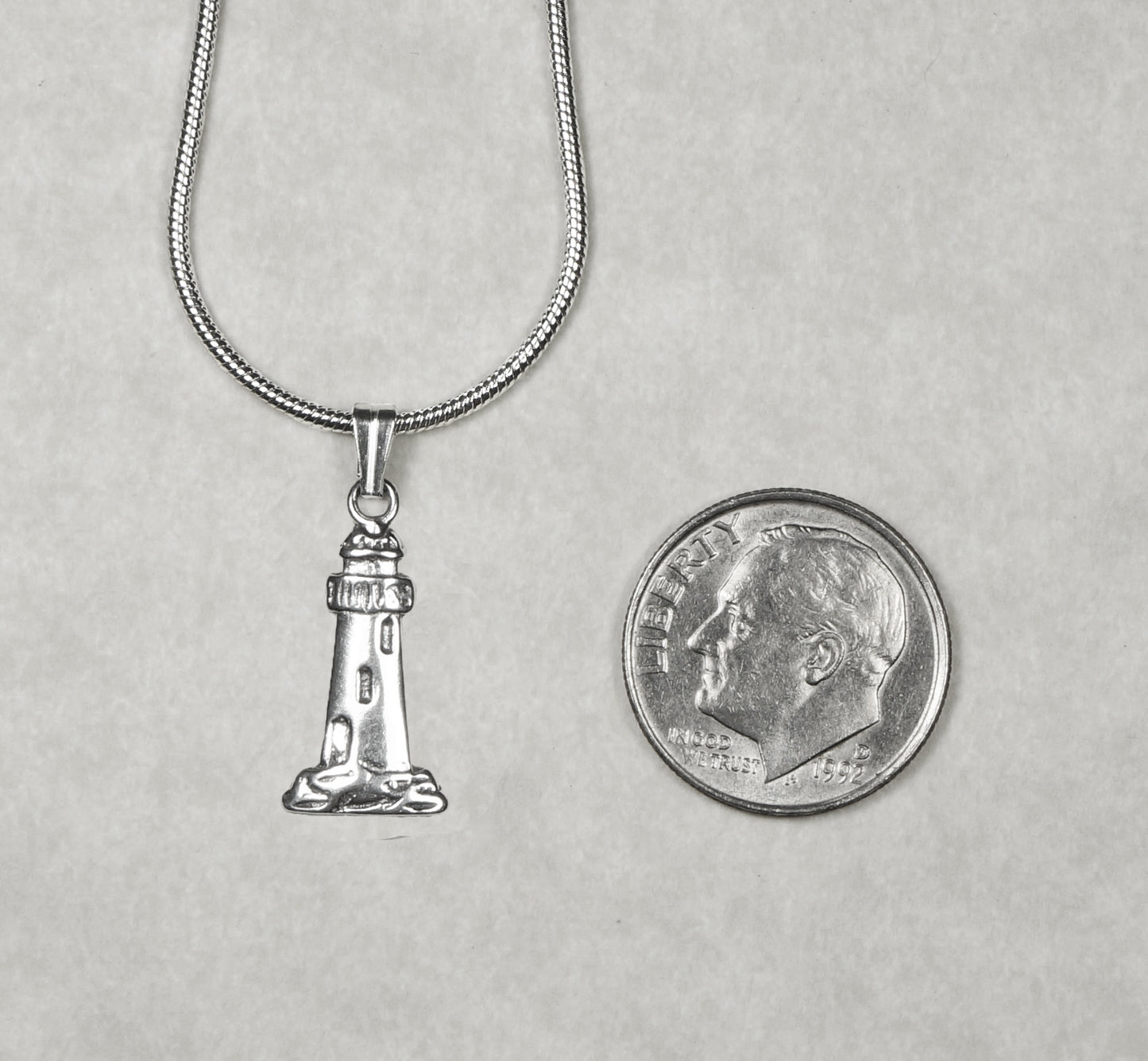 Small and Dainty Sterling Silver Lighthouse Charm, Stainless Steel Snake Chain Necklace, Gift for Her