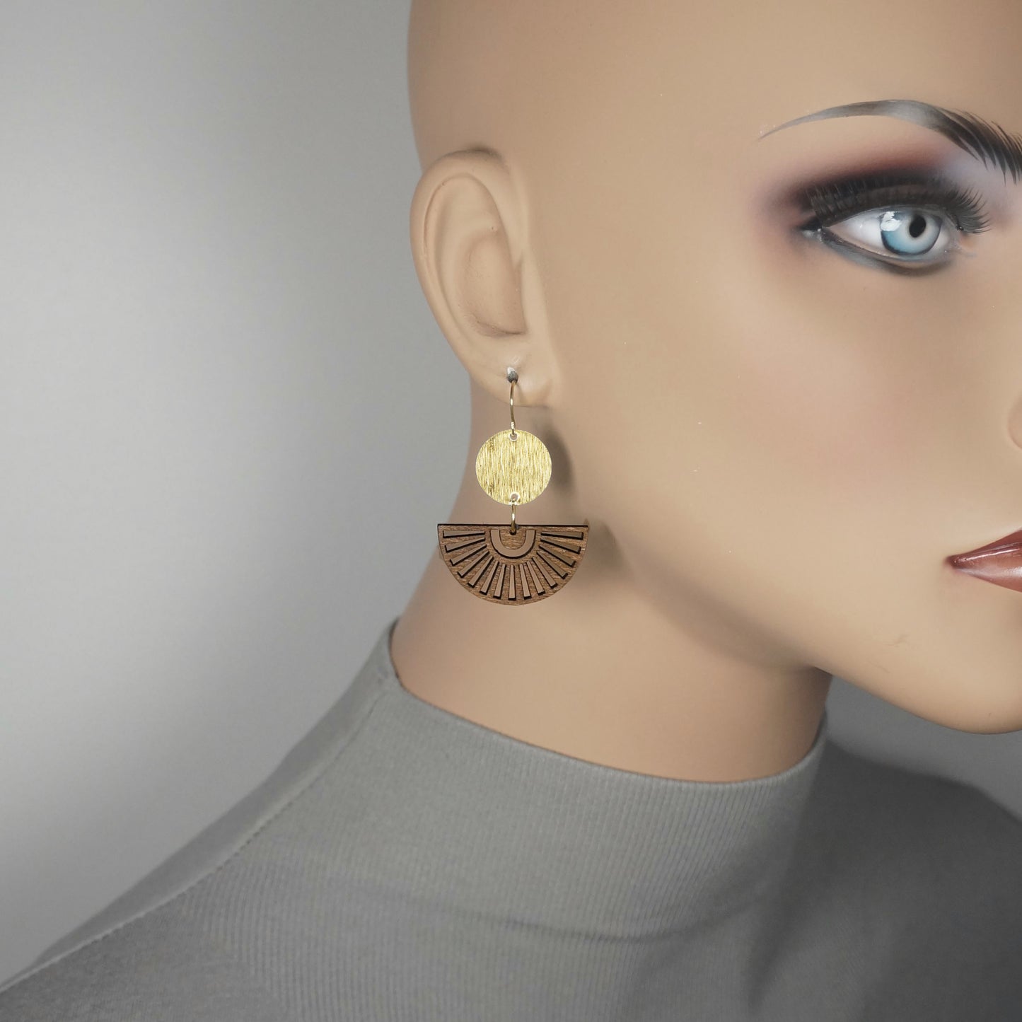 Bohemian Gold and Half Circle Brown Wood Earrings, 18K Gold Ear Wires