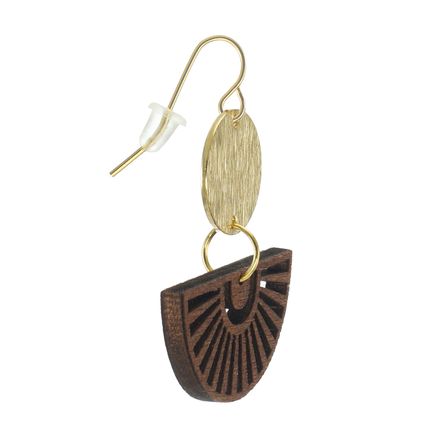Bohemian Gold and Half Circle Brown Wood Earrings, 18K Gold Ear Wires