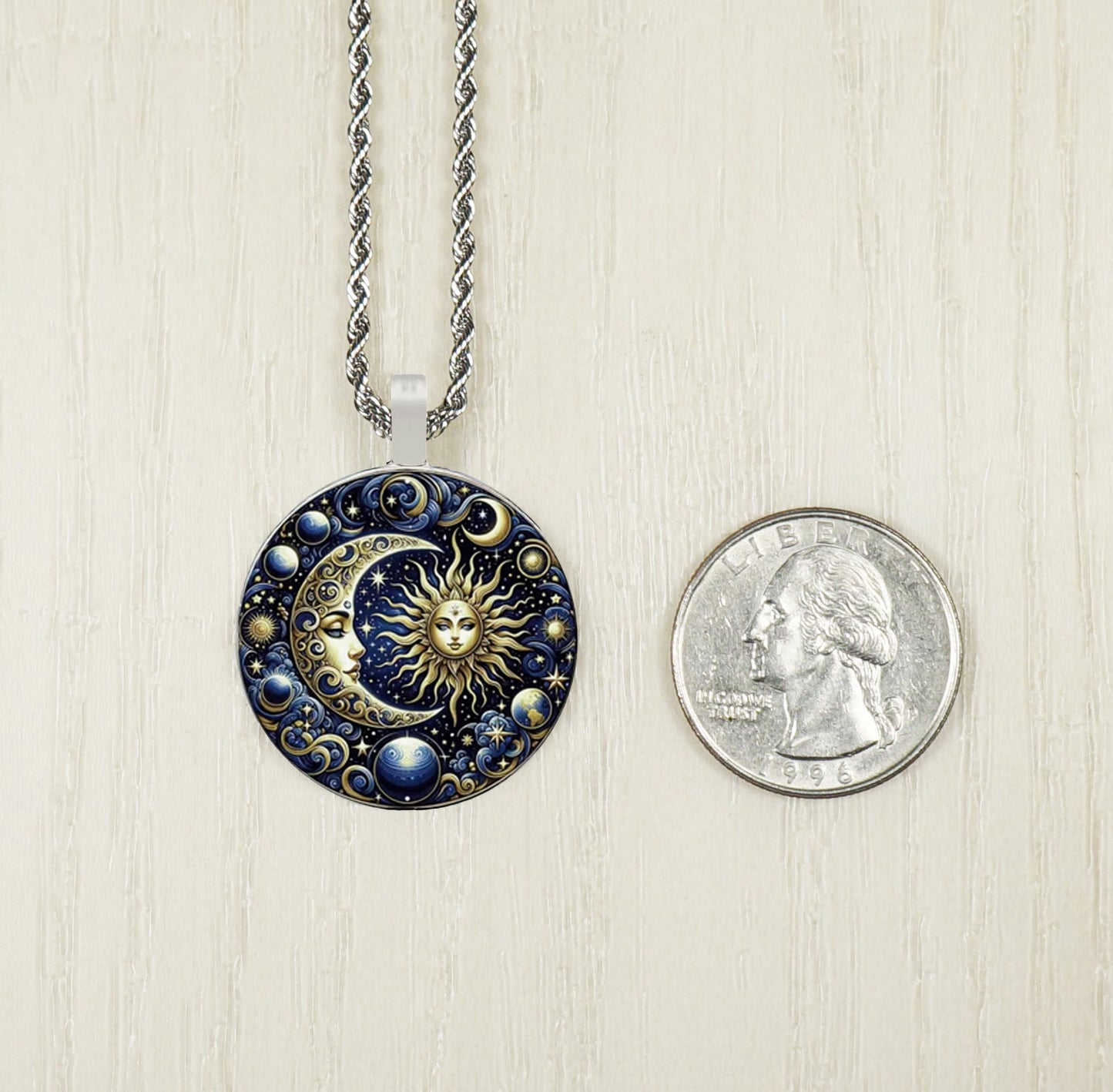 Intricate Highly Detailed Celestial Blue Sun Moon Boho Pendant, Stainless Steel Rope Chain Necklace, 20 Inch, Unisex Gift for Him or Her