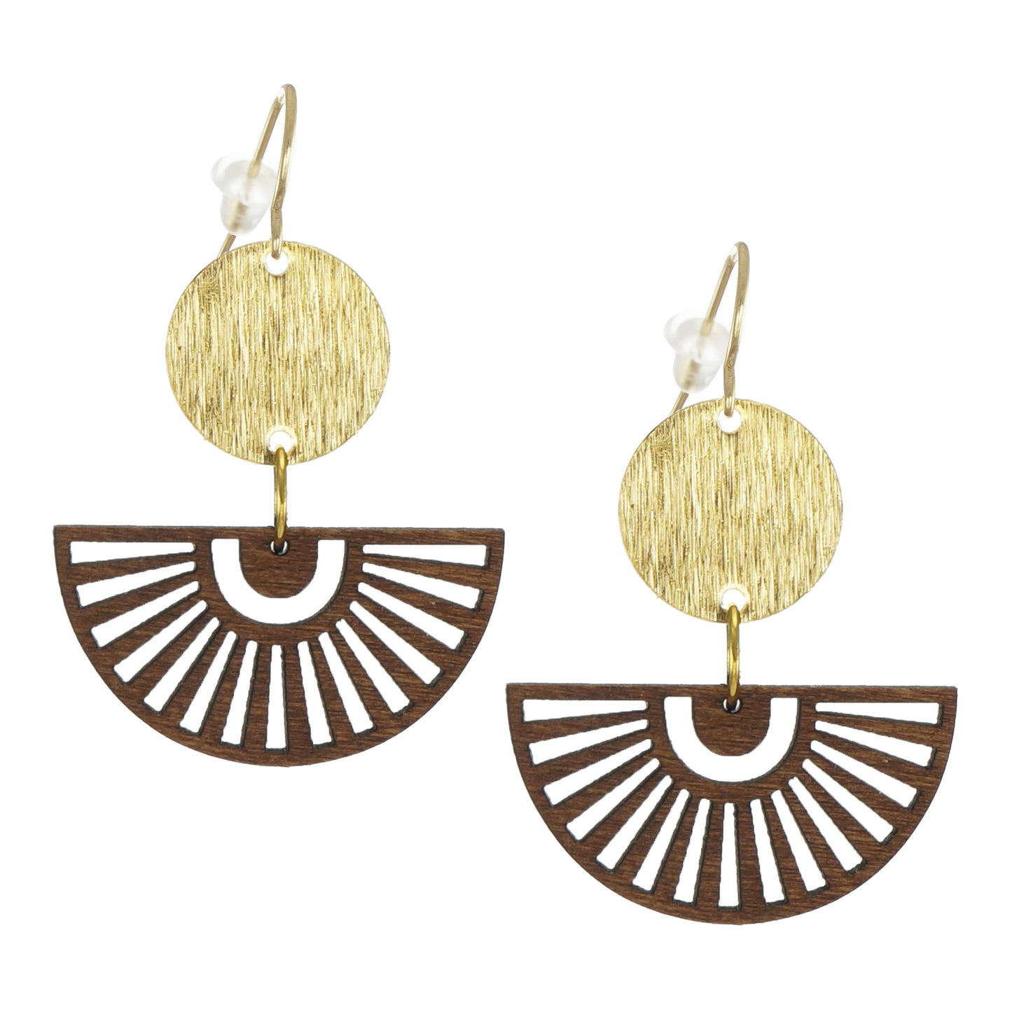 Bohemian Gold and Half Circle Brown Wood Earrings, 18K Gold Ear Wires