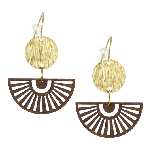 Bohemian Gold and Half Circle Brown Wood Earrings, 18K Gold Ear Wires