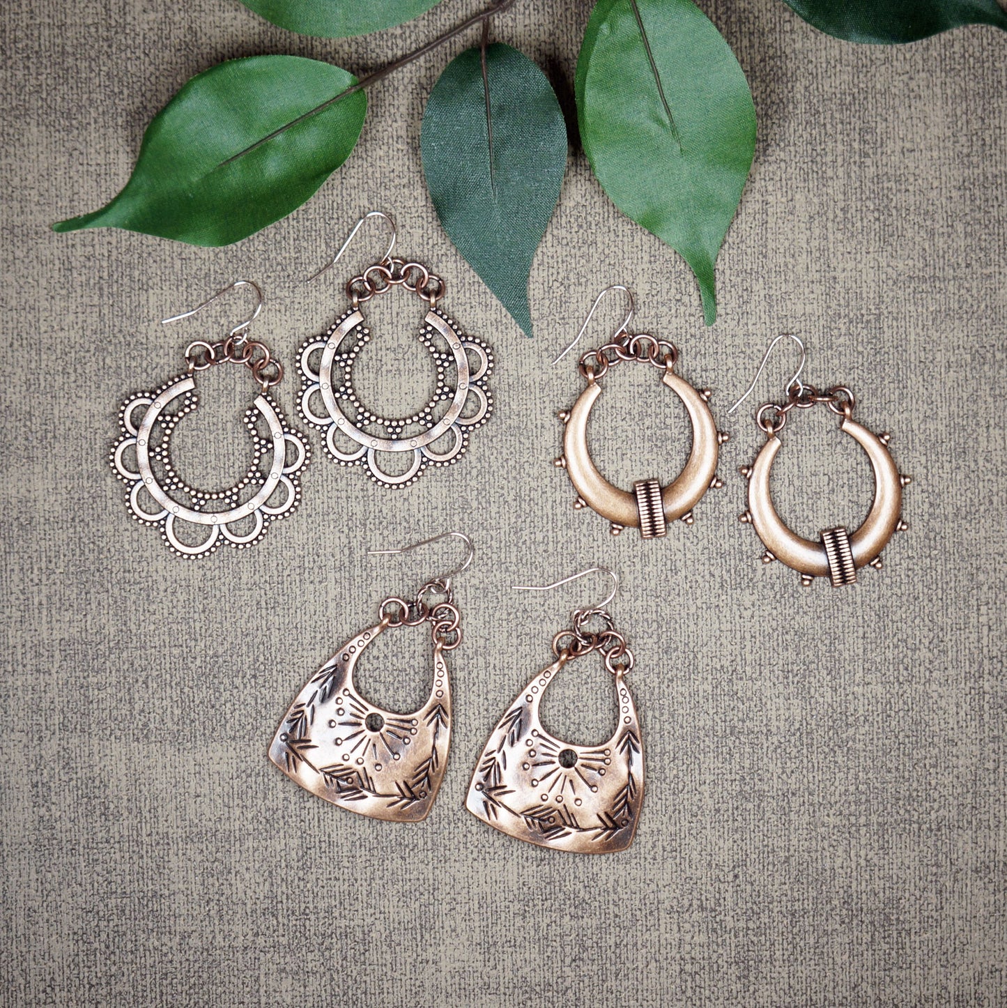 Set of 3 Pair Handmade Boho Copper Vintage Statement Dangle Earrings, Rose Gold Earwires