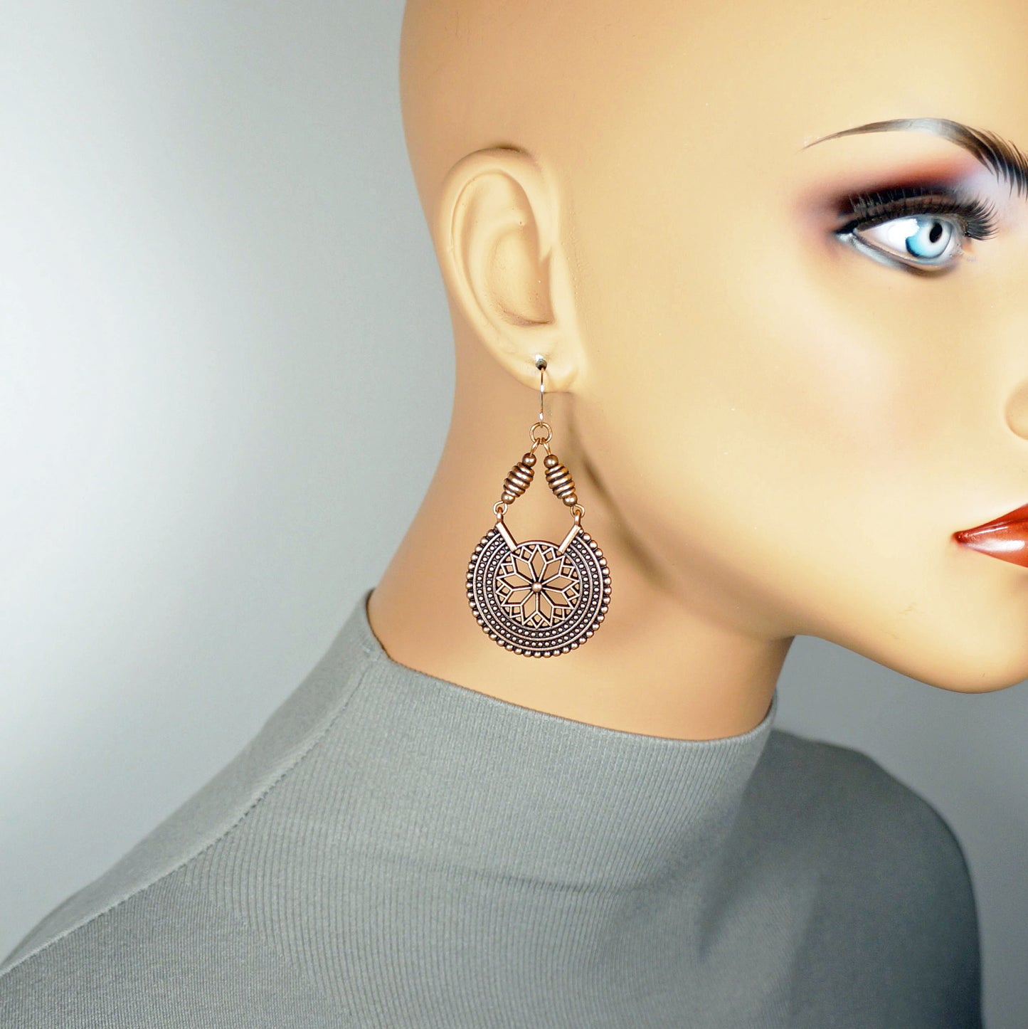 Set of 3 Pair Handmade Boho Copper Vintage Statement Dangle Earrings, Rose Gold Earwires