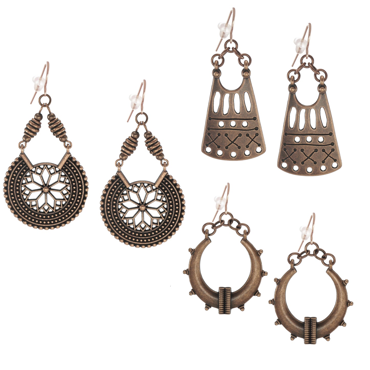 Set of 3 Pair Handmade Boho Copper Vintage Statement Dangle Earrings, Rose Gold Earwires