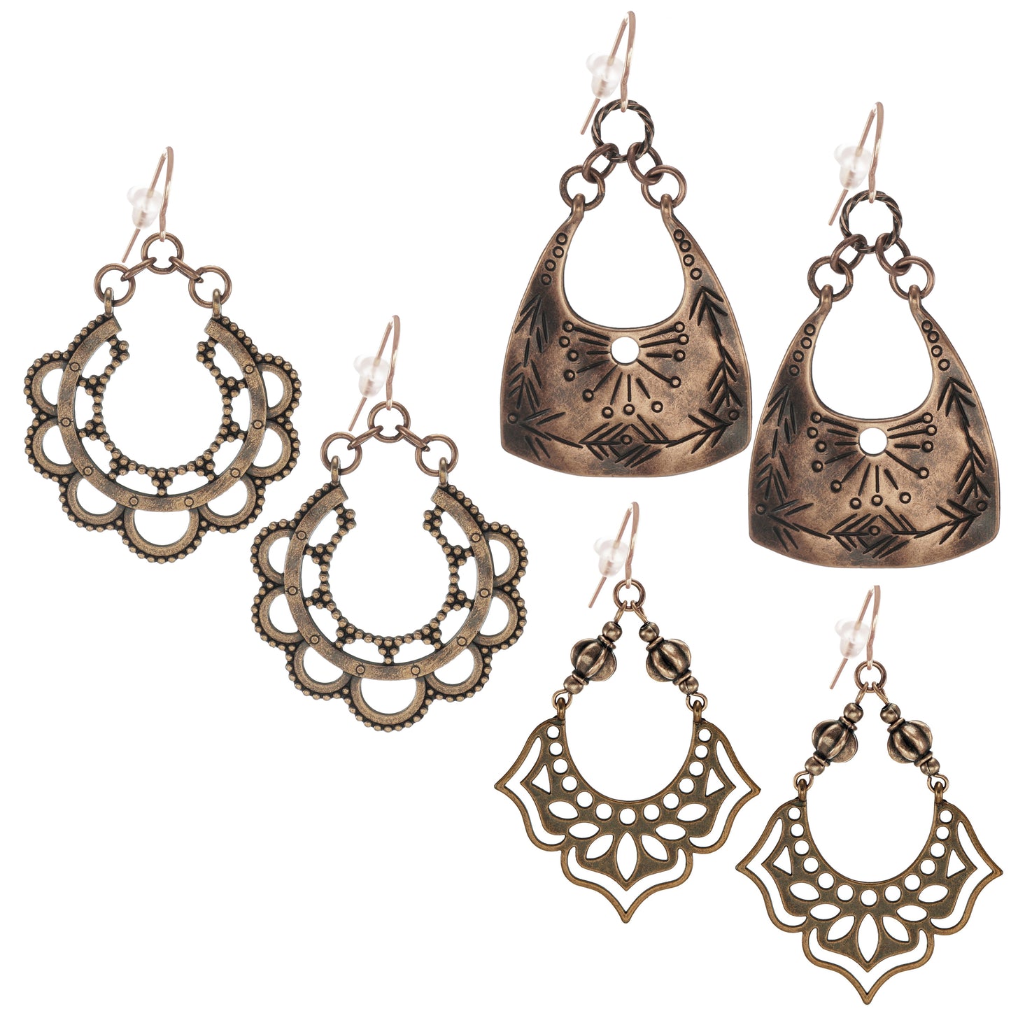 Set of 3 Pair Handmade Boho Copper Vintage Statement Dangle Earrings, Rose Gold Earwires (Copy)