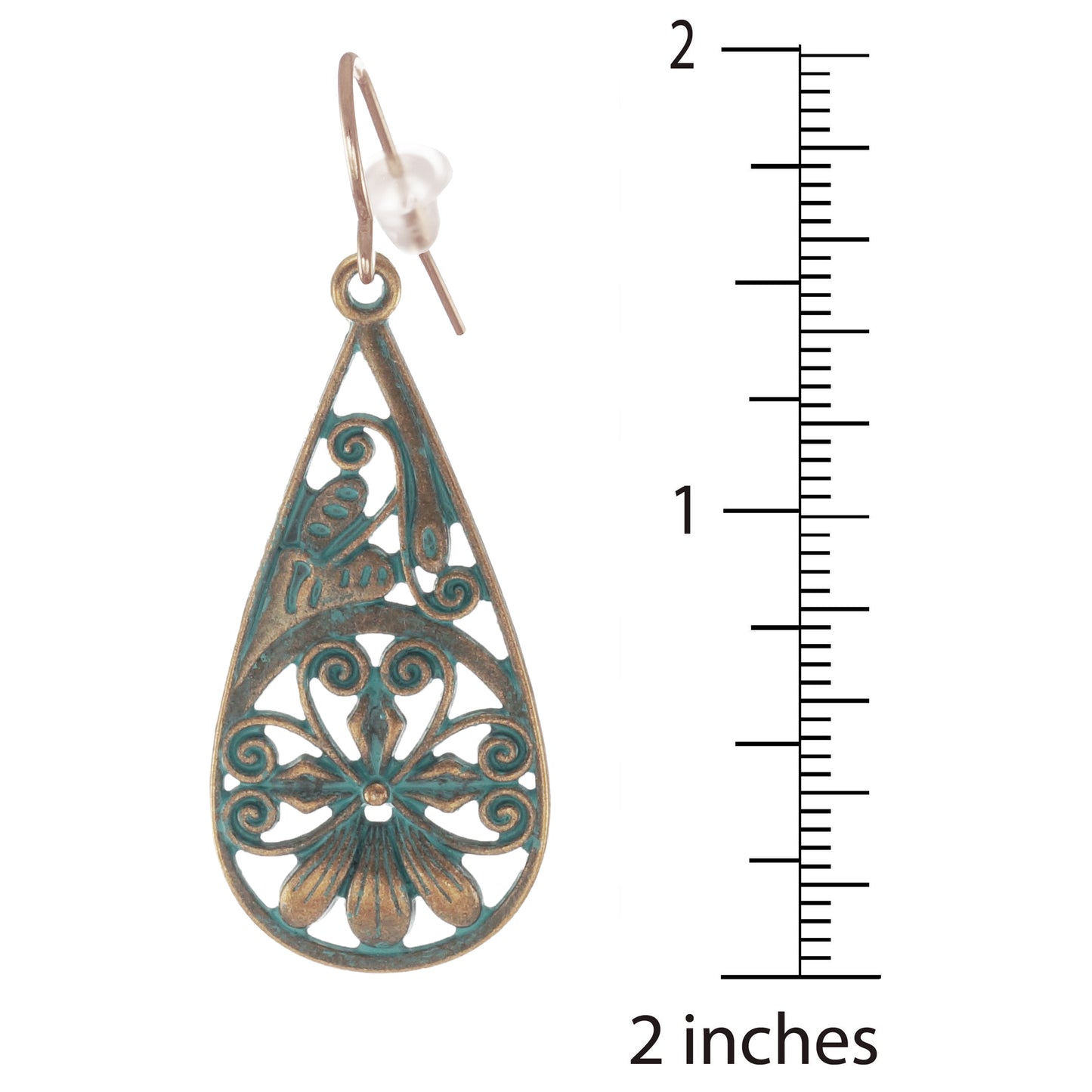 Copper Patina Flower Teardrop Earrings, Rose Gold Ear Wires