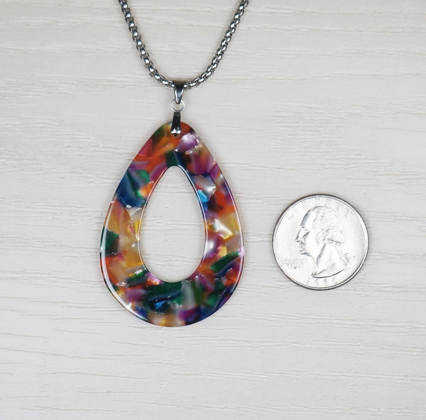 Acrylic Rainbow Teardrop Pendant, Stainless Steel Chain Necklace, Length Choices, Gift for Her