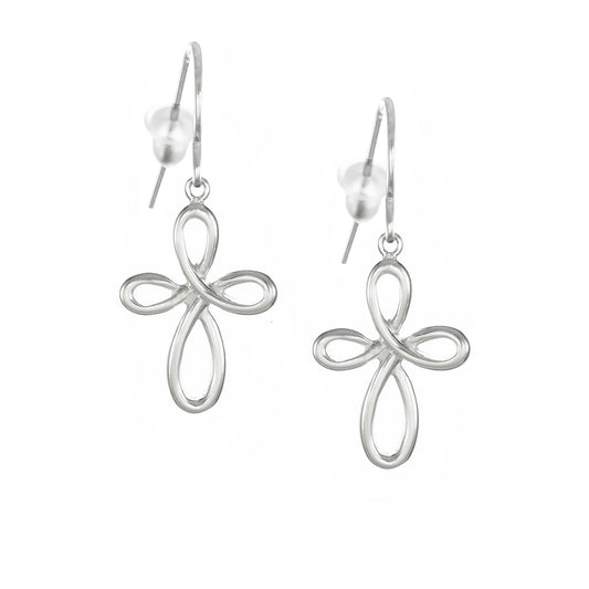 Sterling Silver Infinity Cross Earrings, Hypoallergenic Platinum Ear Wires, Gift for Her