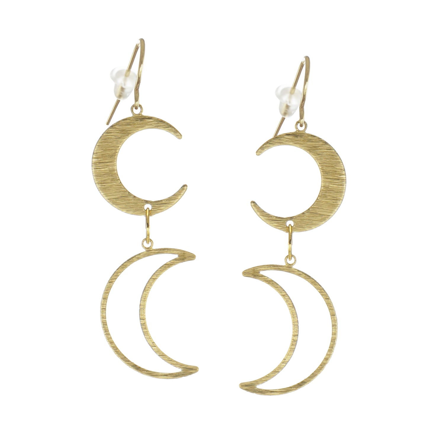Celestial Brushed Gold Double Moon Dangle Earrings, 18K Gold Ear Wires