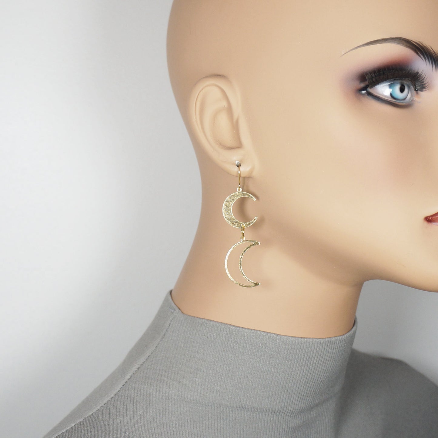 Celestial Brushed Gold Double Moon Dangle Earrings, 18K Gold Ear Wires