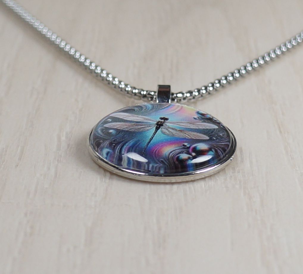 Intricate Highly Detailed Blue 2-D Dragonfly Boho Pendant, Stainless Steel Necklace, Length Choices