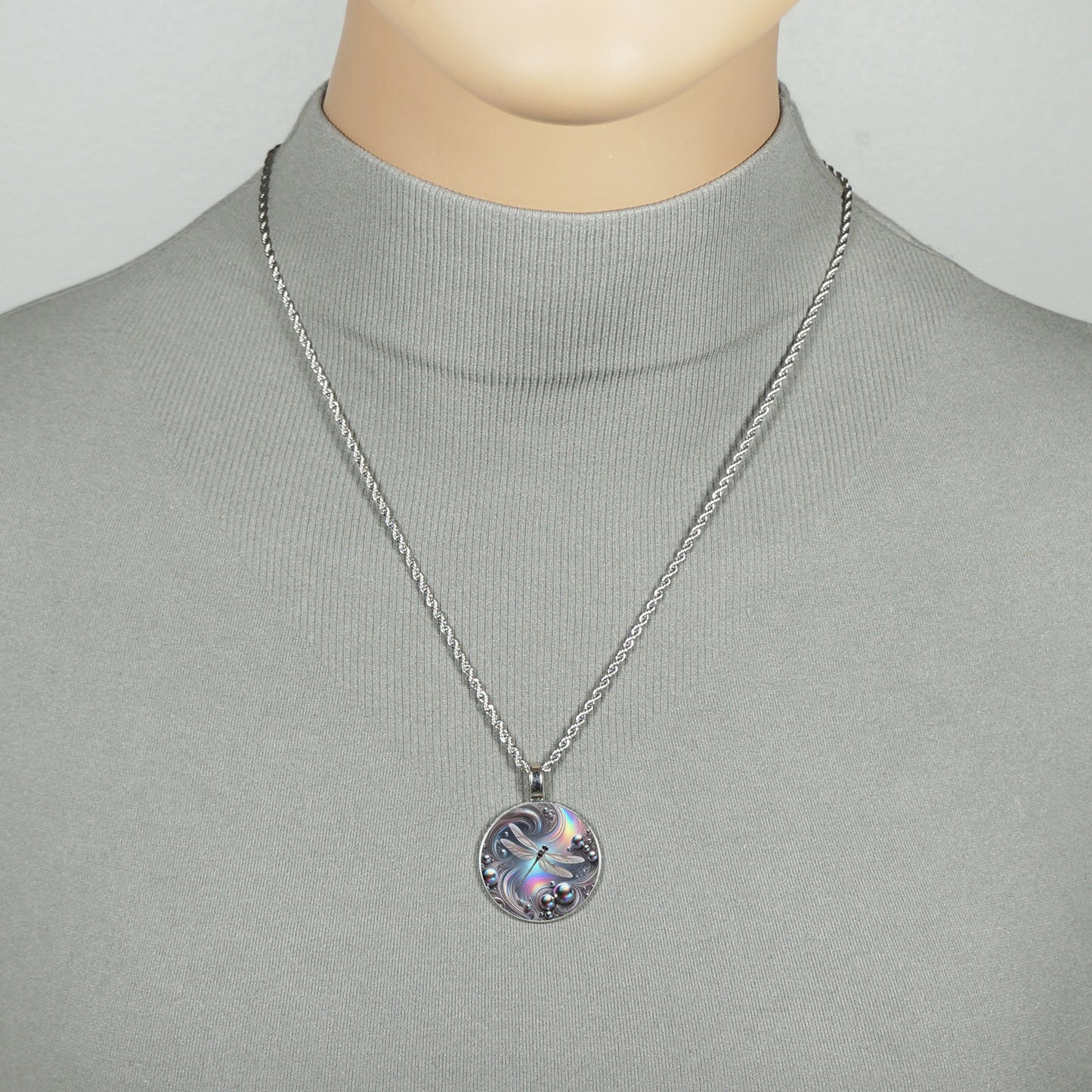 Intricate Highly Detailed Blue Rainbow Dragonfly Pendant on Stainless Steel Rope Chain, 20 Inch