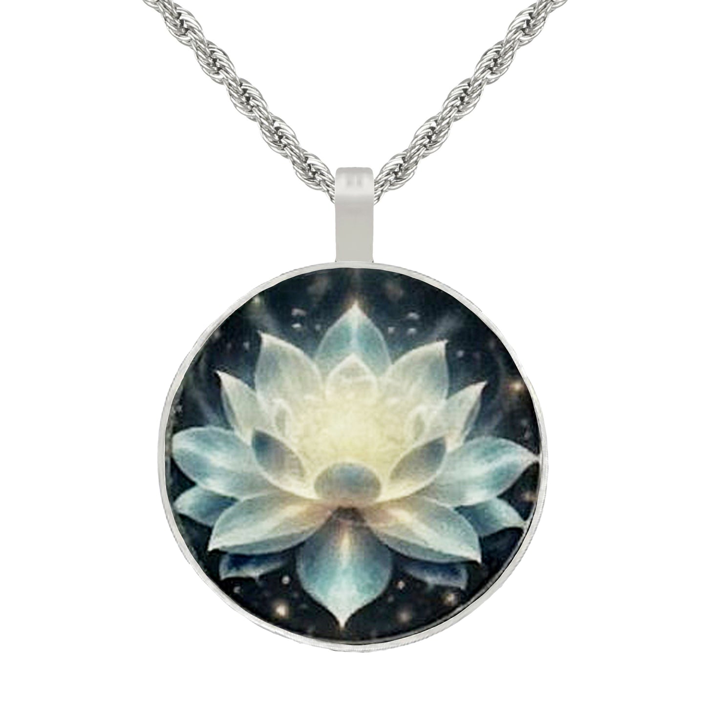 Small Lotus Flower Printed Pendant, Stainless Steel Rope Chain Necklace, Feminine Gift for Her